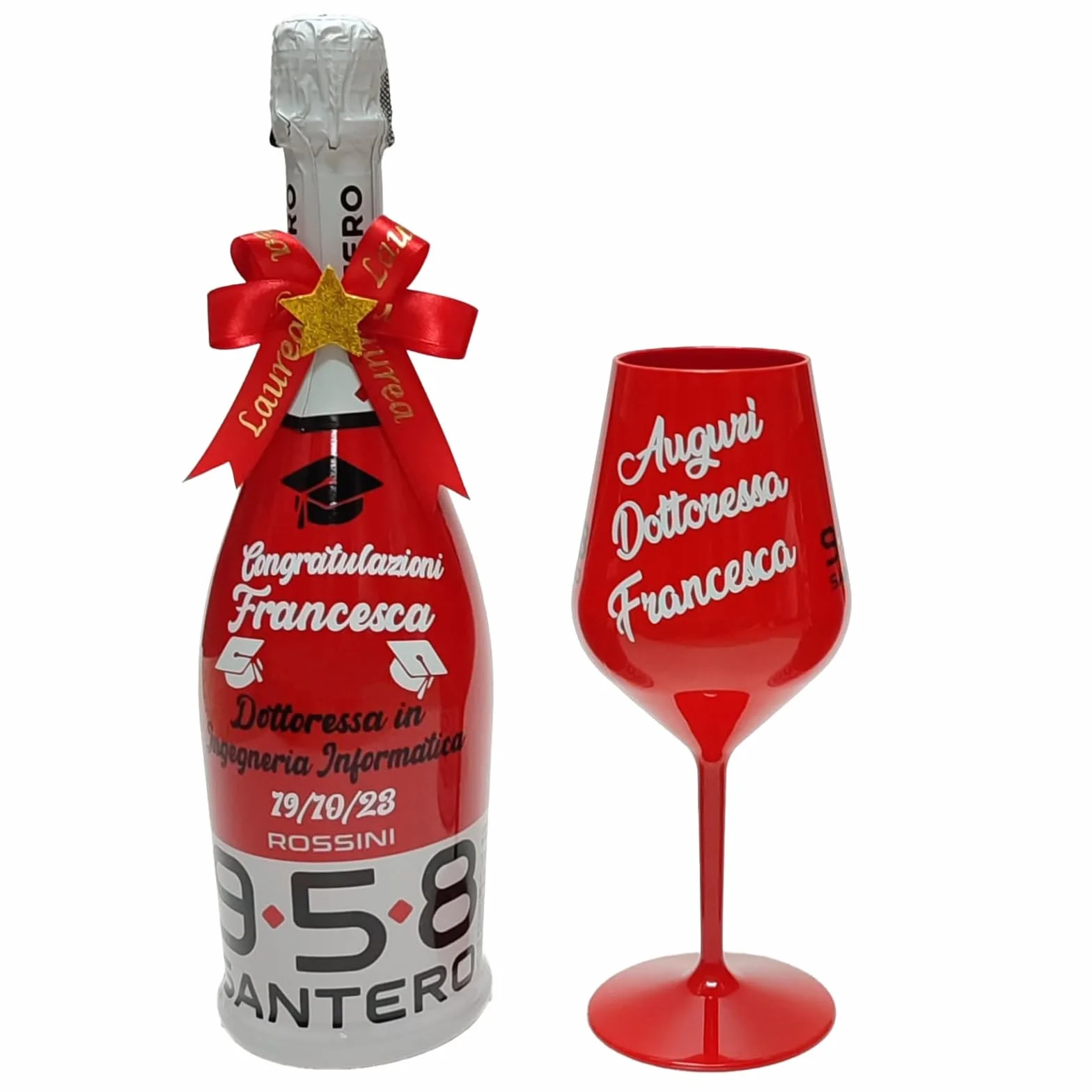 BOTTIGLIA Spumante e 1 Bicchiere Rosso Personalizzabili ideali per Laurea con 3 Tocchi applicati sulla bottiglia, Scritta e Fiocco con Dettaglio da scegliere in fase di personalizzazione