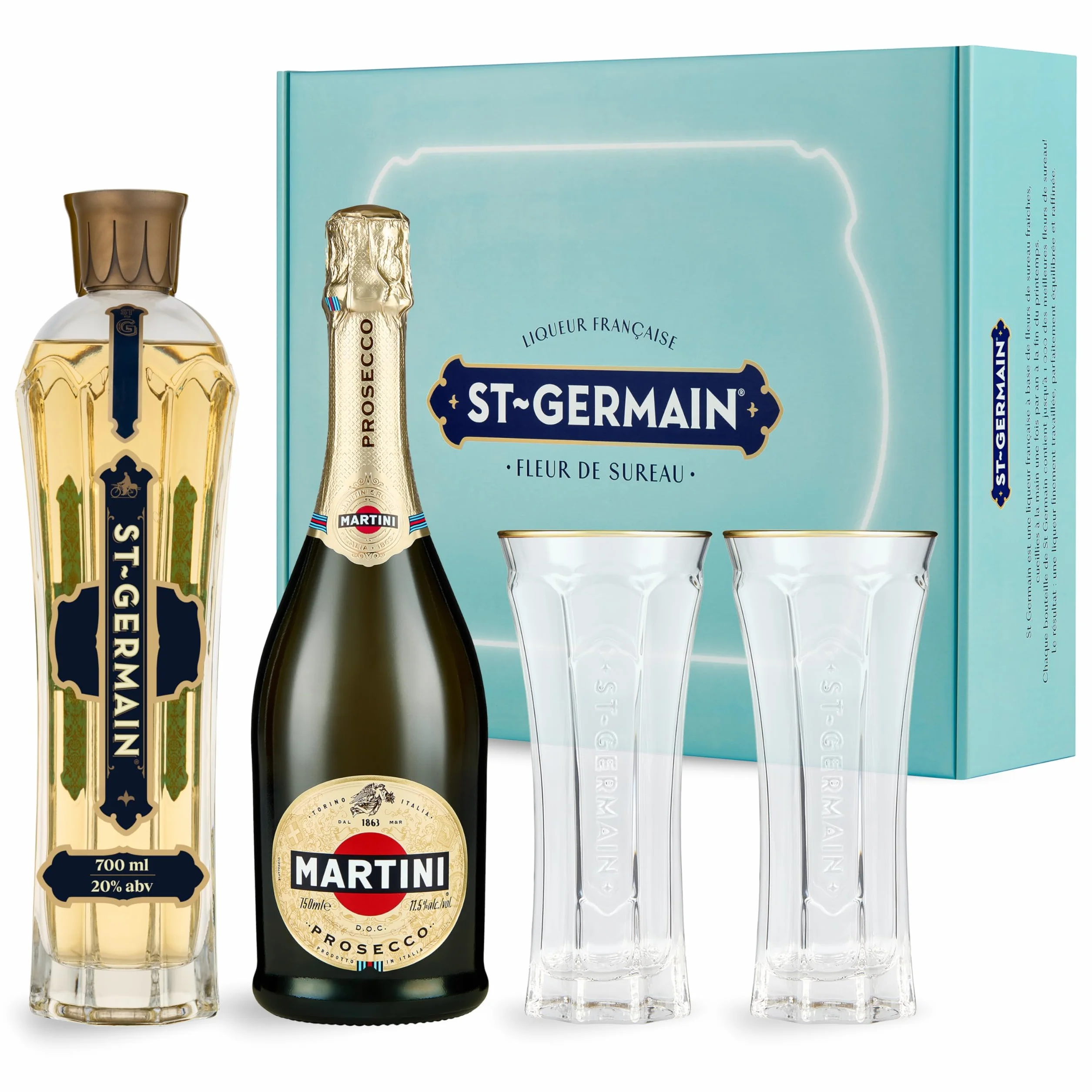 St-Germain Hugo Cocktail Kit con liquore ai fiori di sambuco 70cl / 700ml, Prosecco MARTINI 75cl / 750ml e due bicchieri St-Germain Hugo
