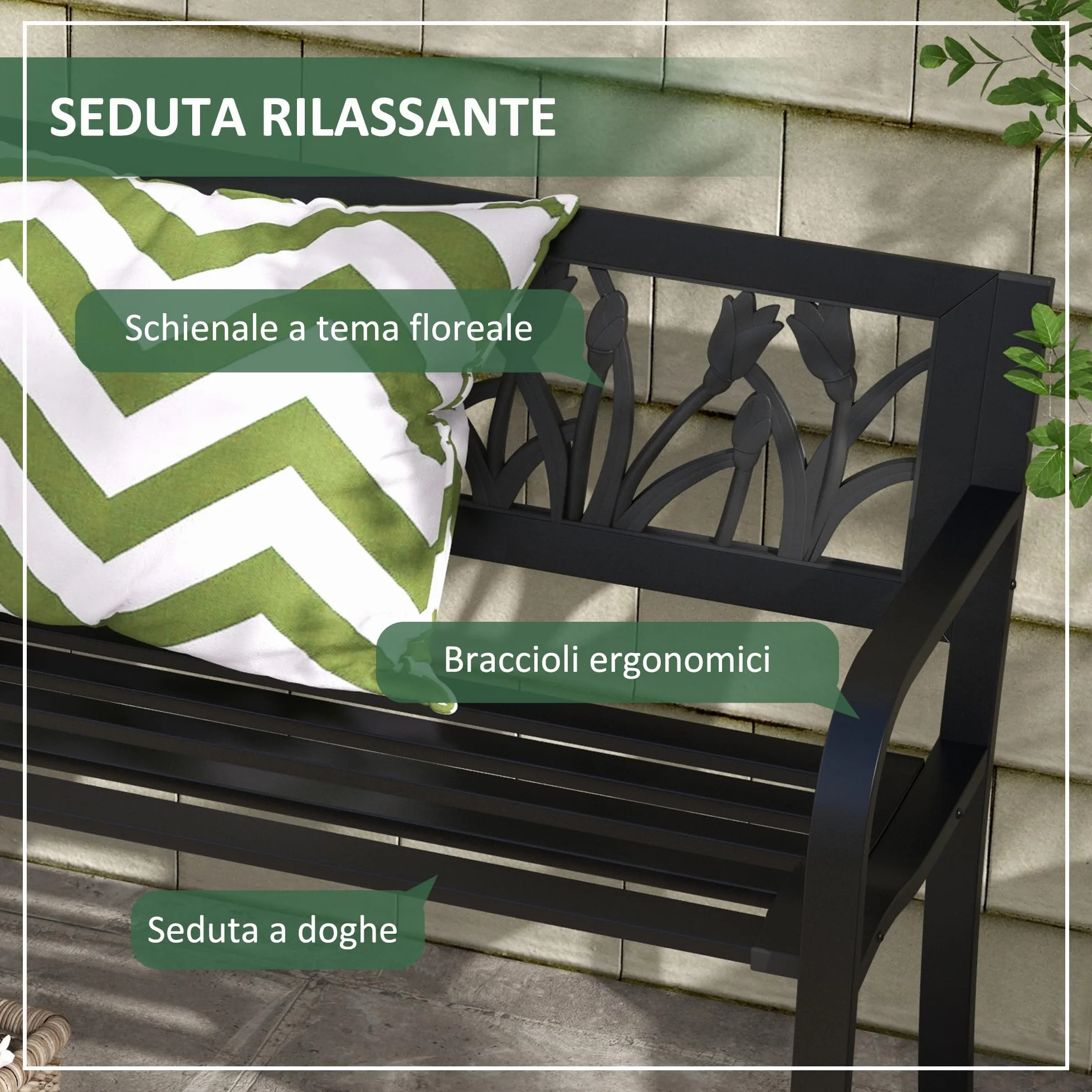 Outsunny Panchina da Esterno in Acciaio, Panchina da Giardino 2 Posti con Schienale Decorato e Braccioli, 125x50x75cm, Nero