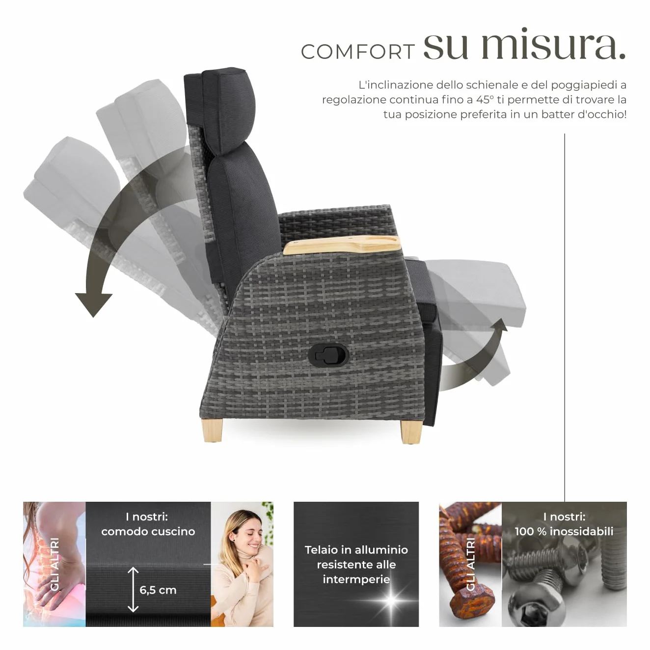 tectake® Poltrona Giardino in Rattan, Poltrona da Esterno con Telaio in Alluminio, Poltroncina Salotto Regolabile, Resistente ai Raggi UV, Comodo Piano d'Appoggio, Design Elegante - Grigio