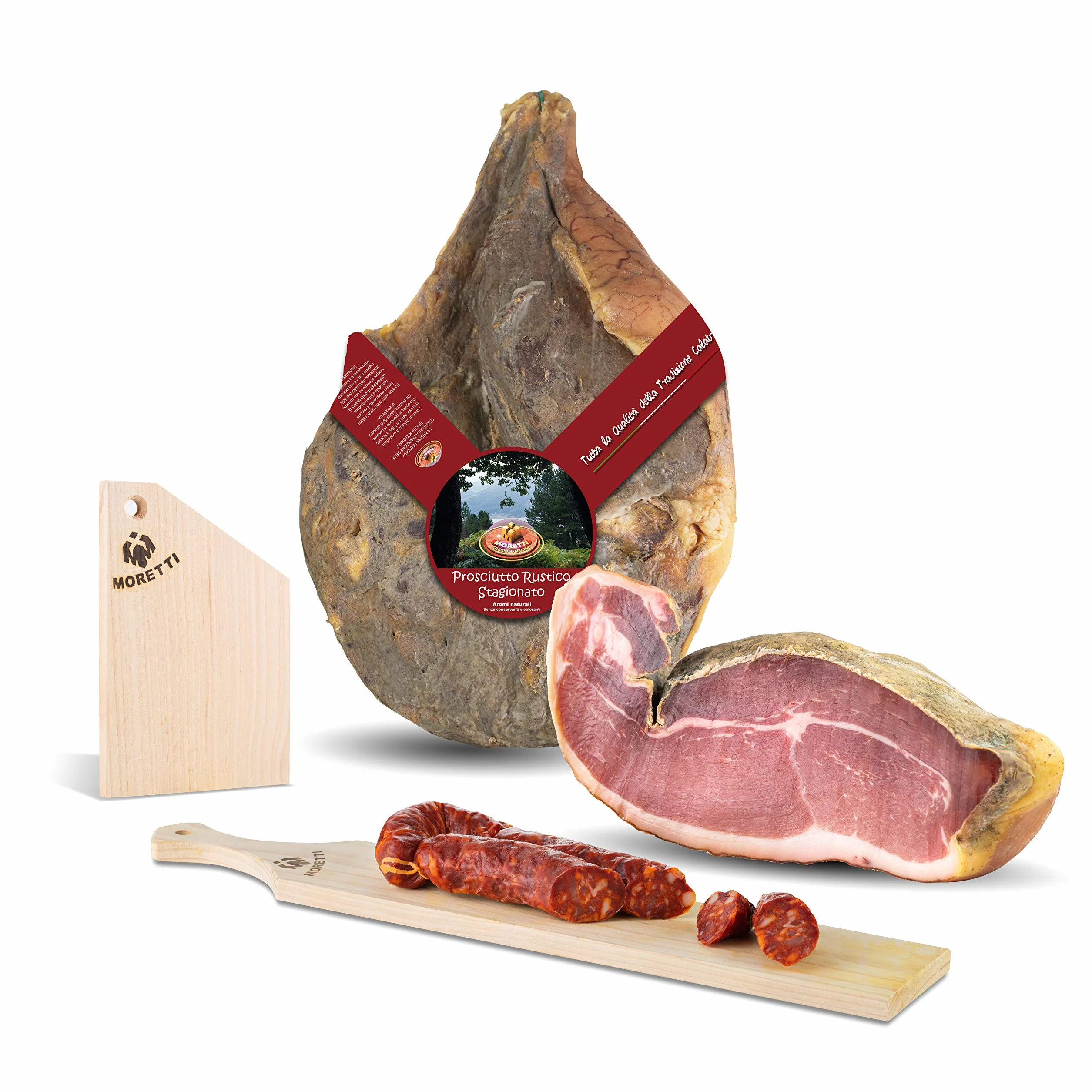 Moretti® Prosciutto Crudo Intero | 6 kg Circa | Magro Stagionato | 100% Naturale | Senza Conservanti | No OGM | Regalo Tagliere Legno e Salsiccia Stagionata (Senza Osso)
