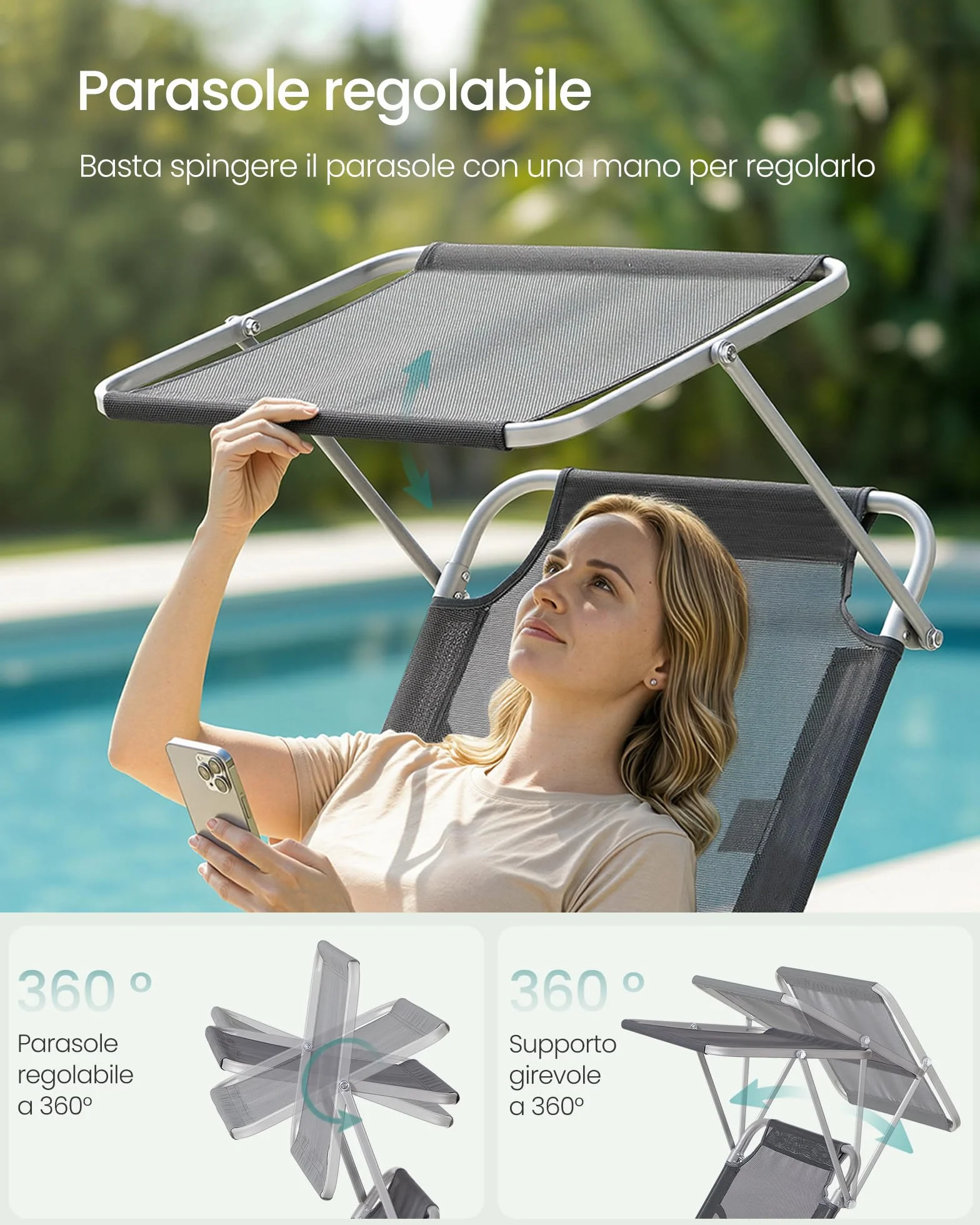 SONGMICS Sedie a Sdraio Pieghevoli, 189 x 53 x 28,5 cm, Lettini Prendisole, Portata 110 kg Ciascuno, Parasole e Schienale Regolabili, per Terrazza e Balcone, Set da 2, Grigio GCB294GZ02