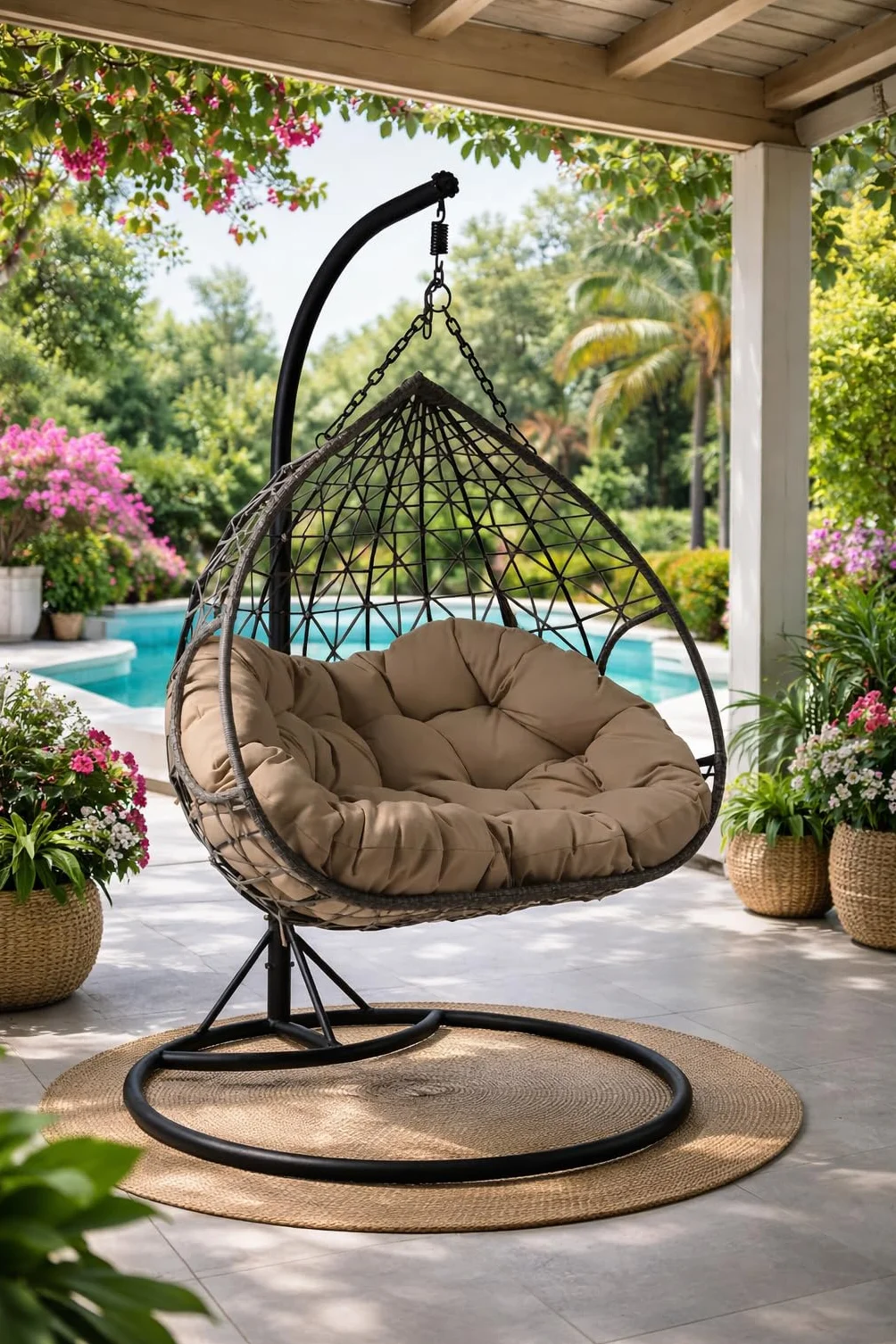 Poltrona a Uovo Sospesa in Rattan Lita XL Poltrona a Uovo da Esterno in Rattan PE, Sedia Sospesa con Cuscini Imbottiti, Struttura in Acciaio, Design Ergonomico, per Giardino, Terrazzo, Patio e Veranda