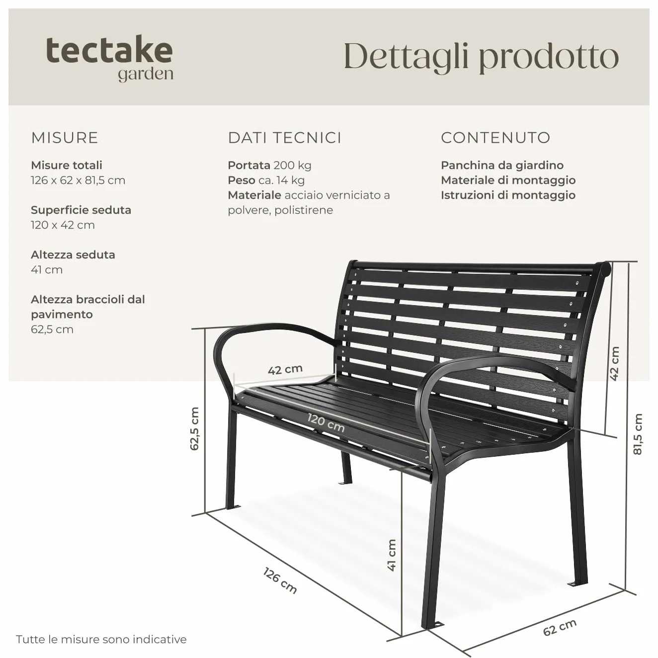 tectake® Panca da Giardino, Panchina da Esterno 3 Posti, Intelaiatura in Acciaio Verniciato, Panca con Schienale, Resistente agli Agenti Atmosferici, 126 x 62 x 81,5cm - Nero