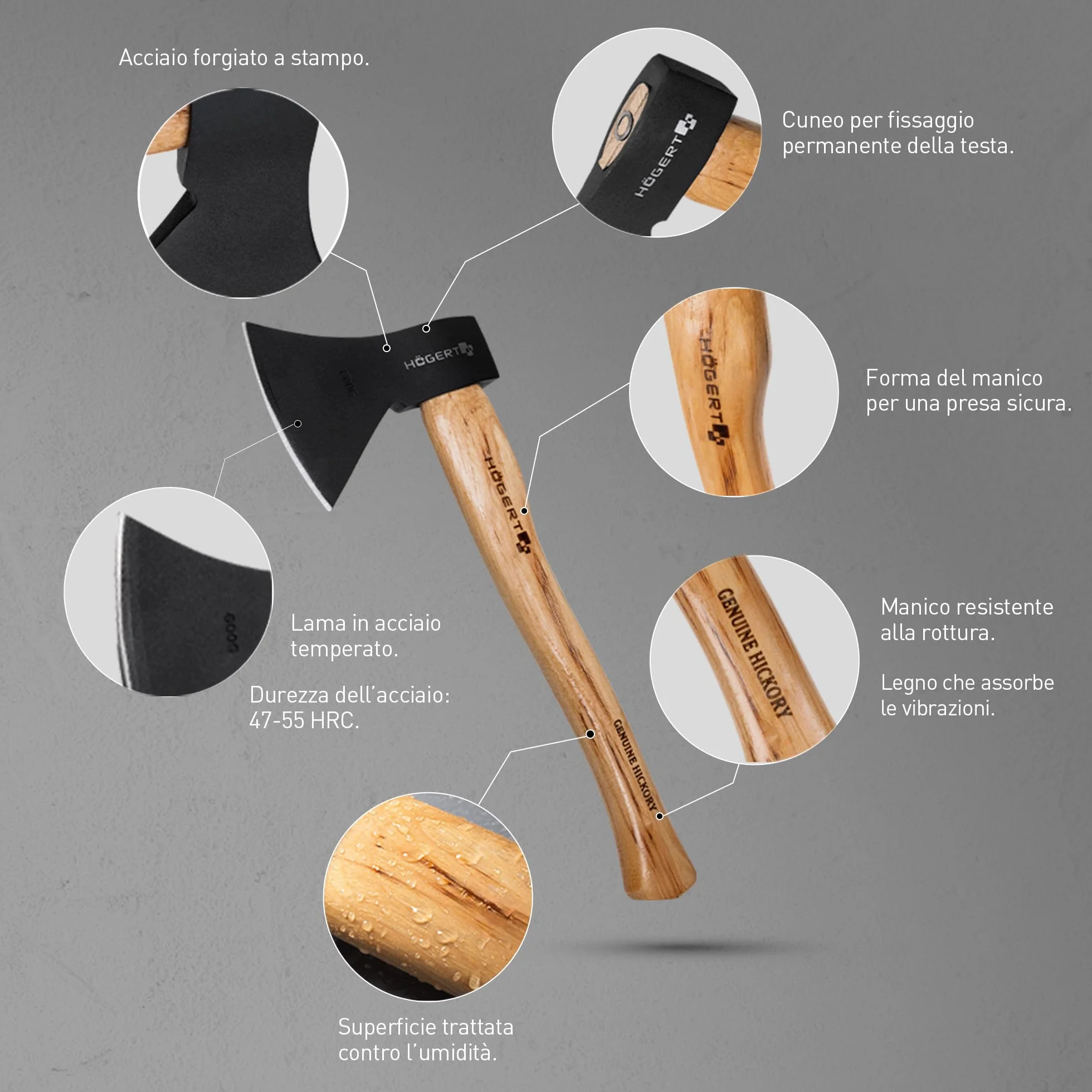 HÖGERT TECHNIK Ascia multiuso 1000 g manico legno noce americano lama temprata 47-55 HRC DIN 5131