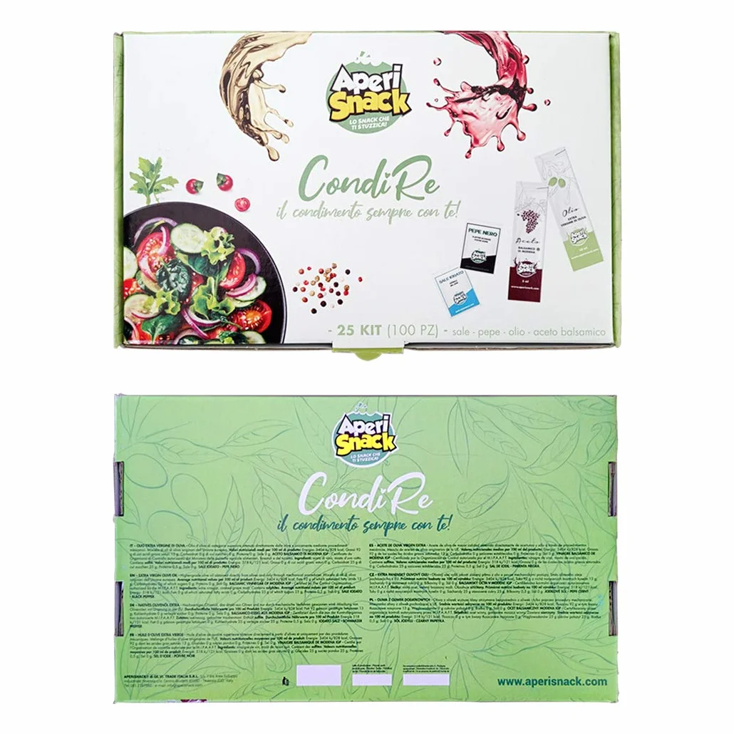 Aperisnack® - AP20.001.03 Condimento per Insalate 100 Kit (400pz) bustine di Sale, Pepe, Olio e Aceto balsamico Modena IGP Monodose
