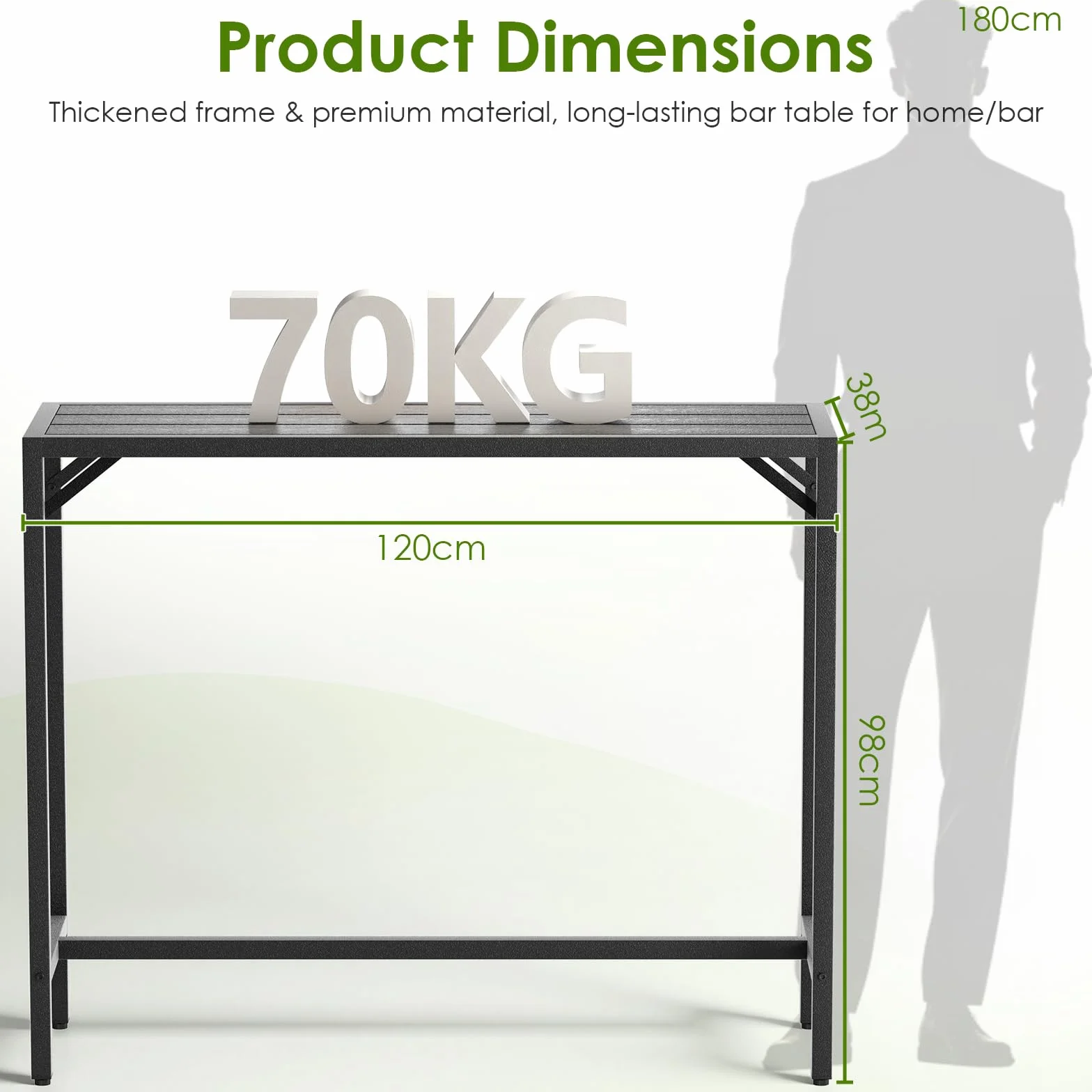 LIFERUN Outdoor Bar Table, 120 x 38 x 98 cm, Tavolo da Giardino Cortile con Piano Impermeabile, Tavolo da Bar Alto con Piedini Regolabili, adatto per Terrazza, Bordo Piscina, Soggiorno, Nero