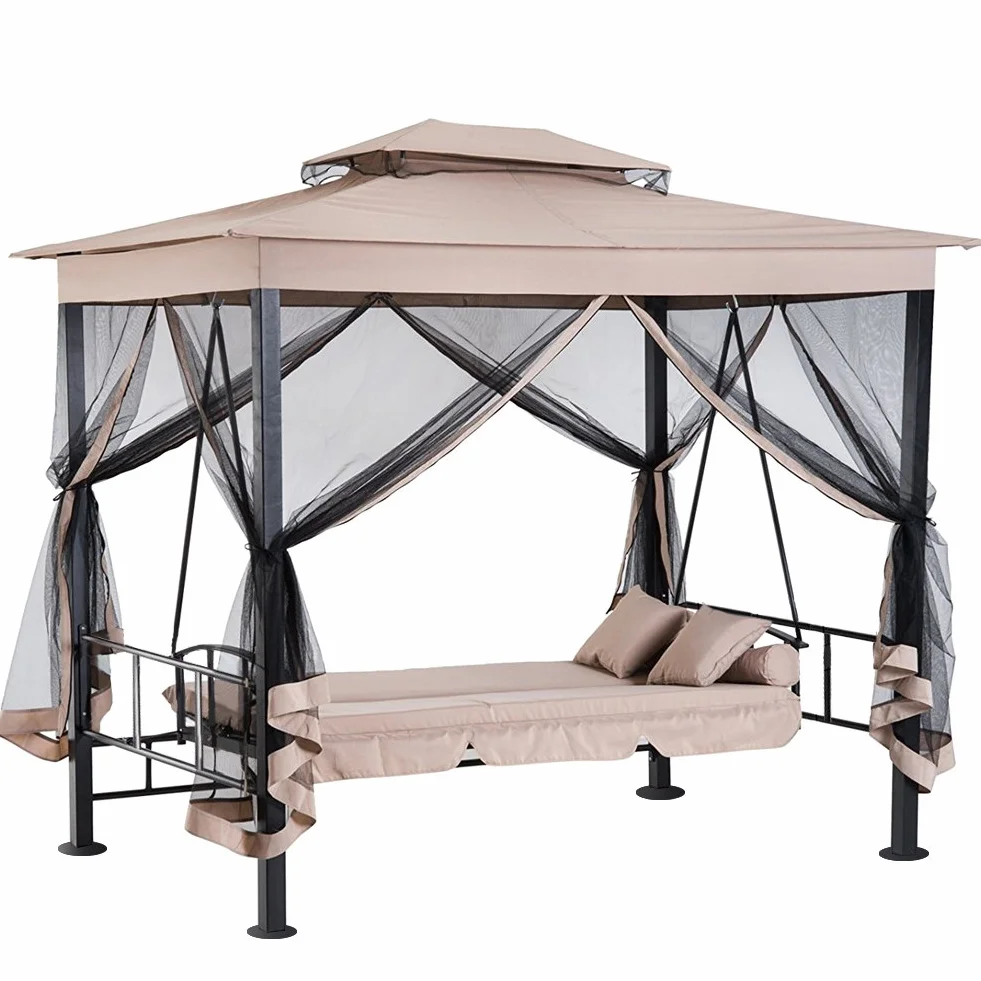 BAKAJI Gazebo Parasole da Giardino con Dondolo Letto e Zanzariere 3 posti, Modello Extra-Lusso Cleopatra, Amaca Altalena Trasformabile in Letto Matrimoniale, Colore Beige