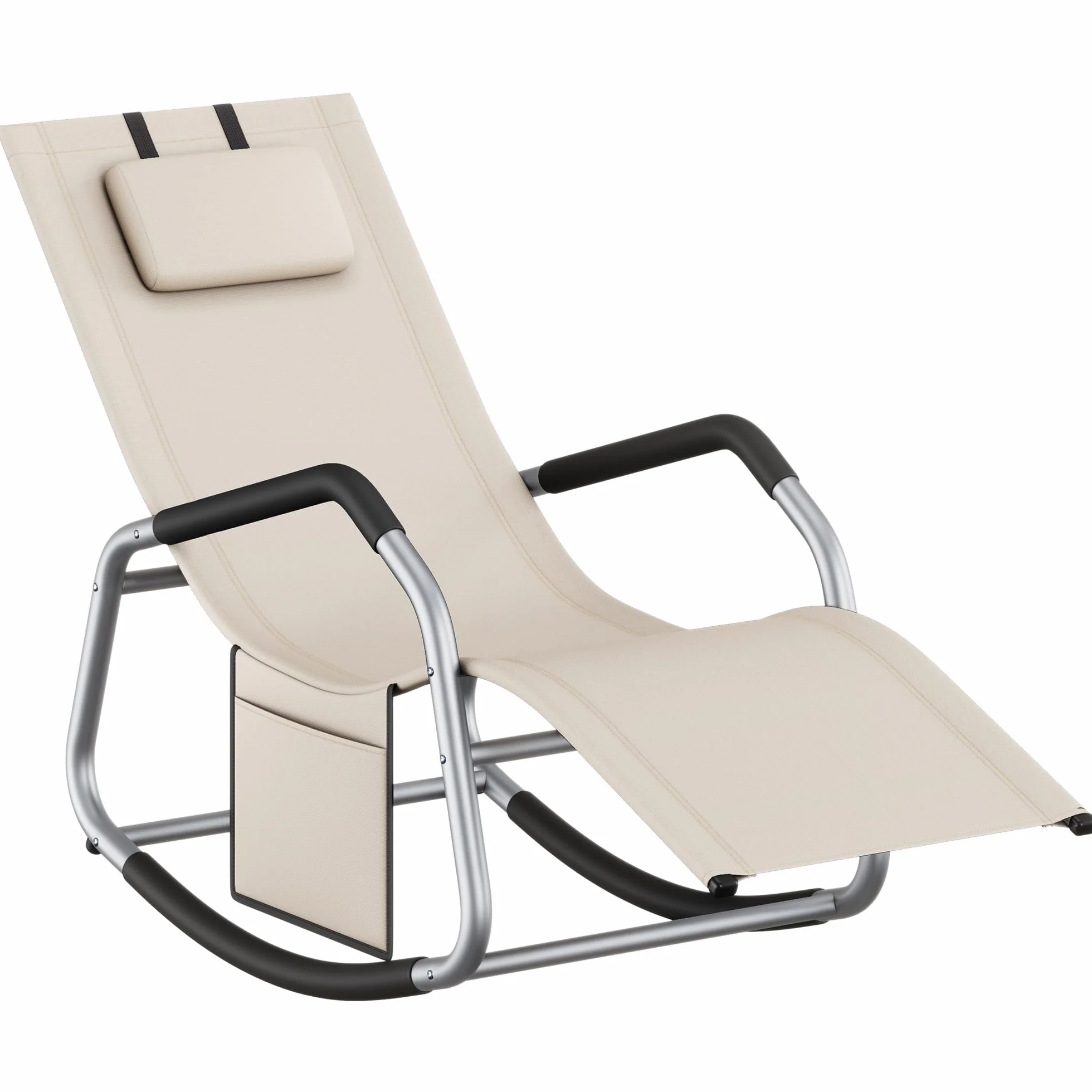 SONGMICS Sedia a Dondolo, Sedia a Sdraio Antiribaltamento, Cuscino Regolabile, Telaio in Acciaio, Tessuto Respirante, Tasca Portaoggetti, 151 x 56,2 x 97,3 cm, Beige GCB230WZ01