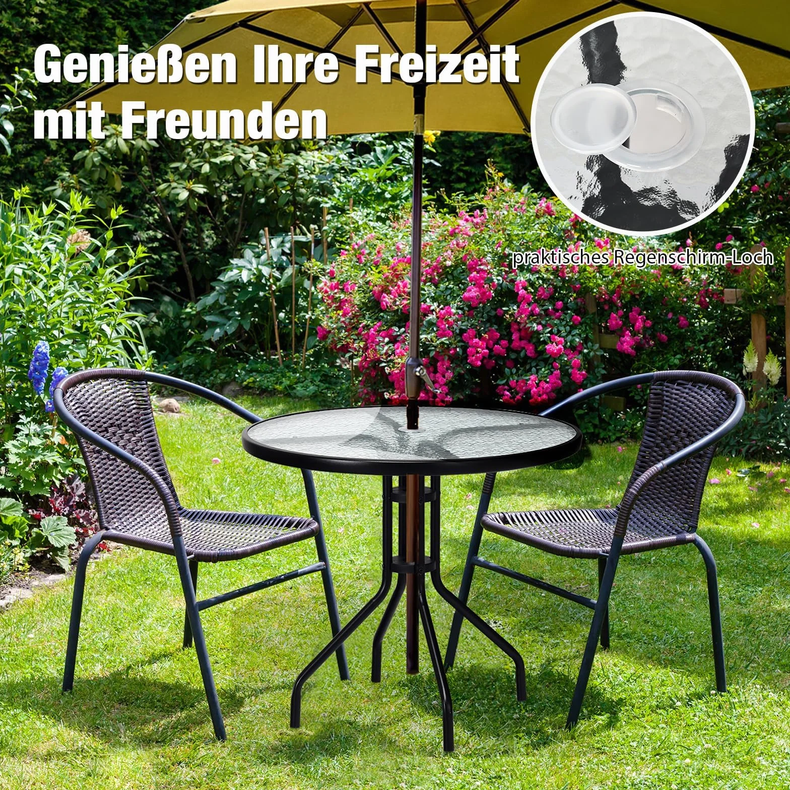 FANTASK Tavolo da giardino resistente alle intemperie, tavolo da balcone rotondo con foro per ombrellone, tavolo da terrazza con piano in vetro temperato, per cortile, 70 x 70 x 71 cm, terrazza e