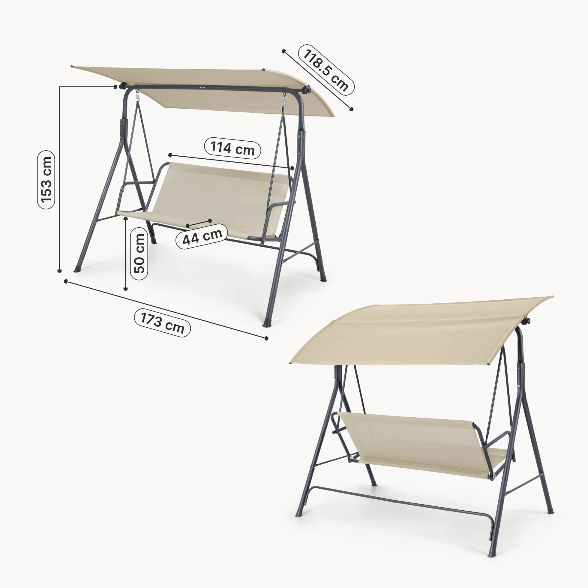 [en.casa] Dondolo da Giardino a 3 Posti con Tettuccio Parasole Regolabile e Schienale Panchina a Dondolo Altalena da Esterno Terrazza Struttura in Acciaio 173x119x153 cm - Grigio/Beige