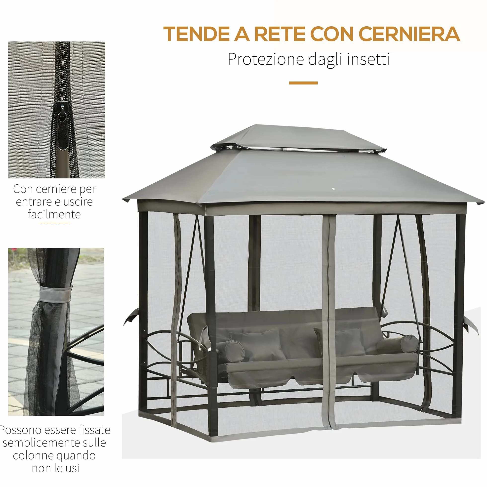 Outsunny Dondolo 3 Posti e Lettino Singolo Copertura a Gazebo con Zanzariera e Cuscini 256x172x248cm Grigio Scuro