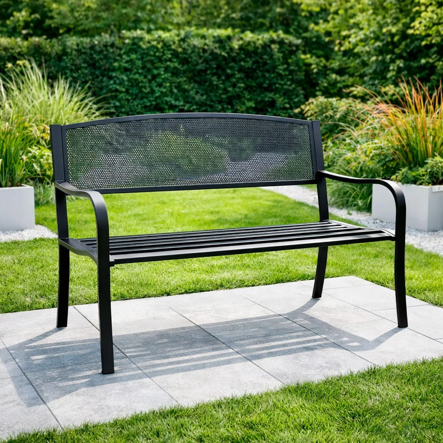 Arreditaly Panchina Da Giardino In Acciaio Panca Da Esterno Elegante 2-3 Posti Con Schienale Traforato E Braccioli Resistente Alle Intemperie Per Terrazzo Patio E Giardino 127 x 60 x 85 Cm Nero