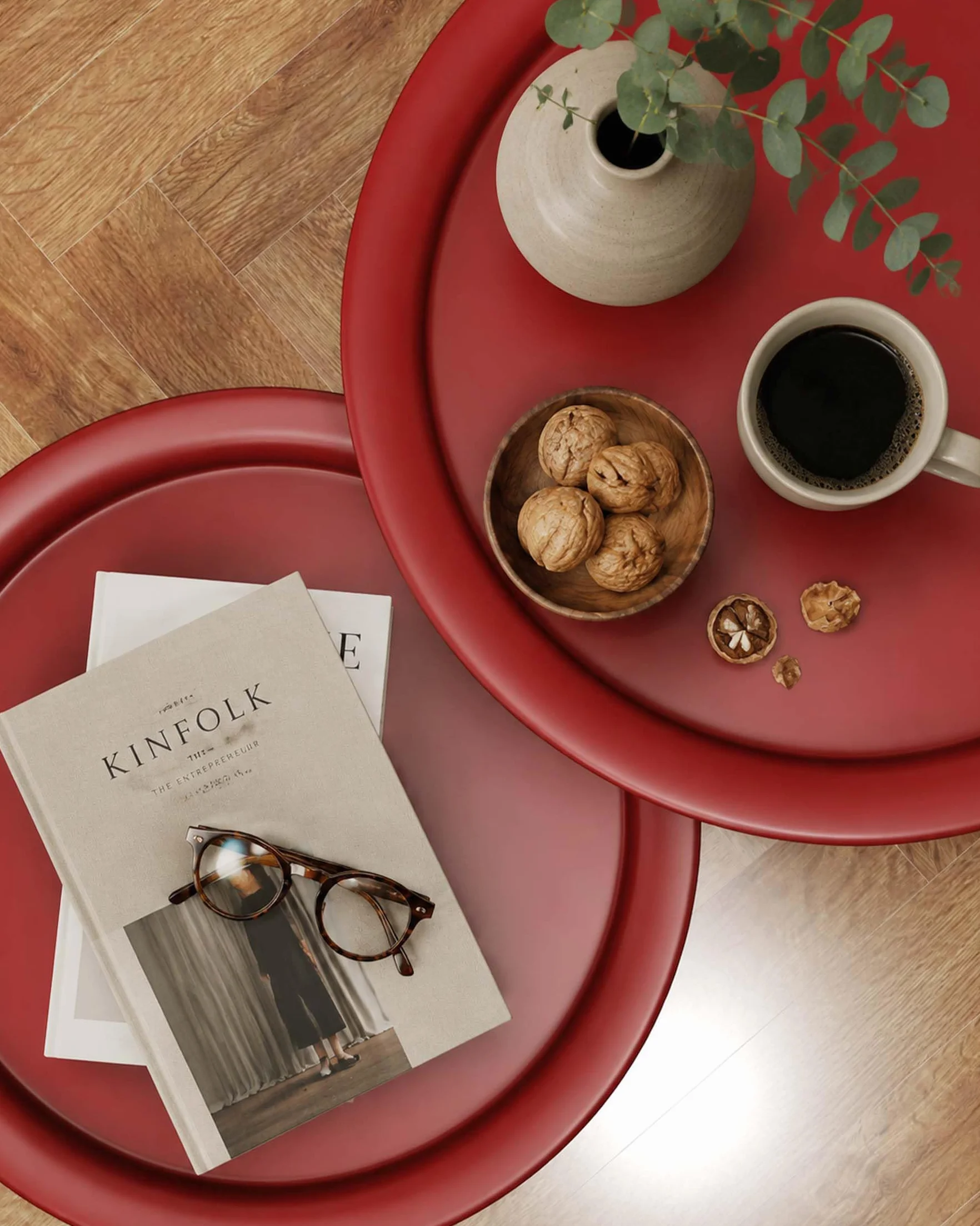 Set di 2 Tavolino da Esterno in Metallo Impermeabile Tavolino Salotto Moderno Rotondo Tavolini da Balcone e Giardino, Coffee Table per Divano, Soggiorno e Terrazza, 40 cm, Rosso