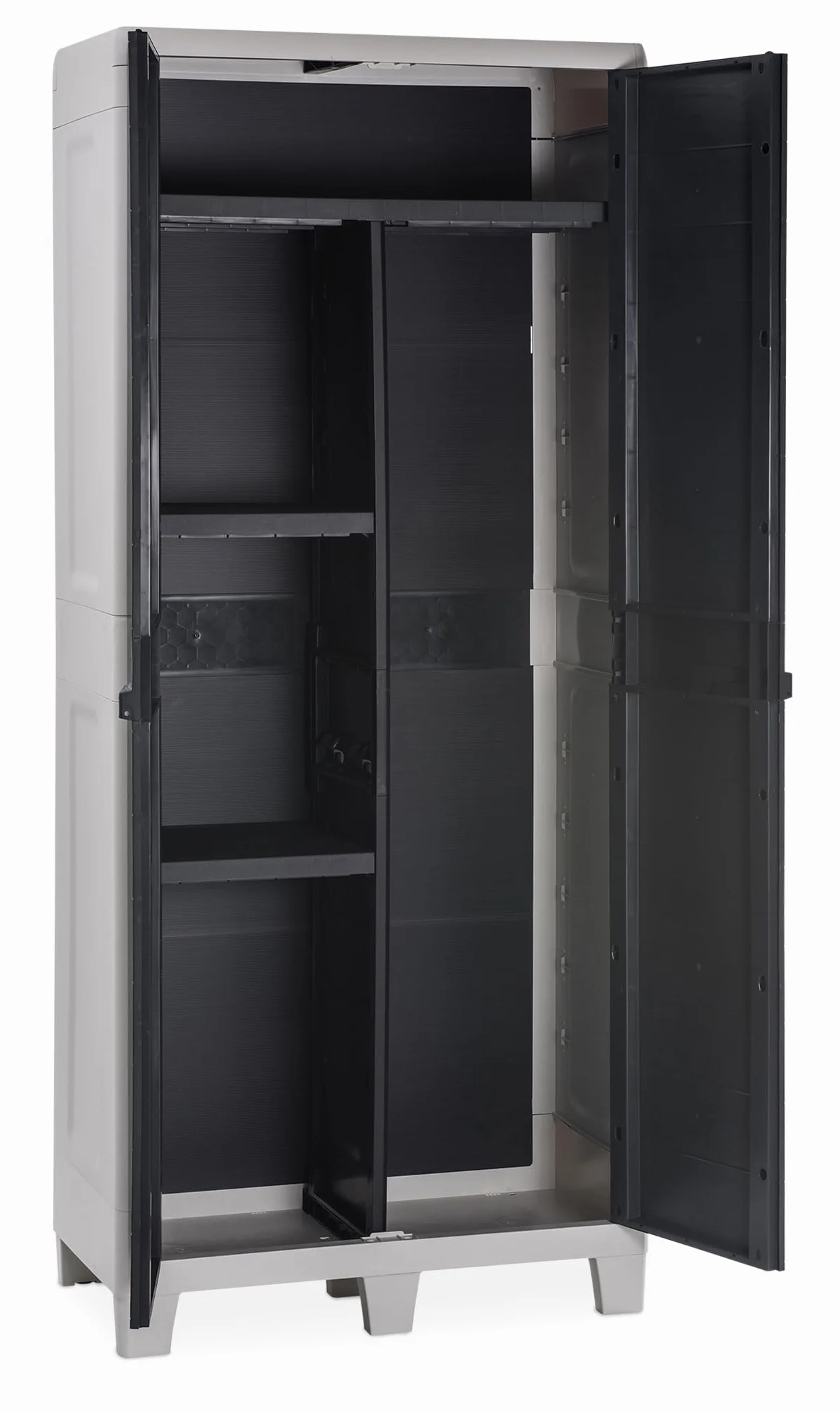 Toomax Armadio Portascope Woody's XL 78x46x182h cm in plastica resistente effetto legno grigio chiaro/antracite, 4 ripiani regolabili, piedini e predisposizione per lucchetto, per ripostigli e garage
