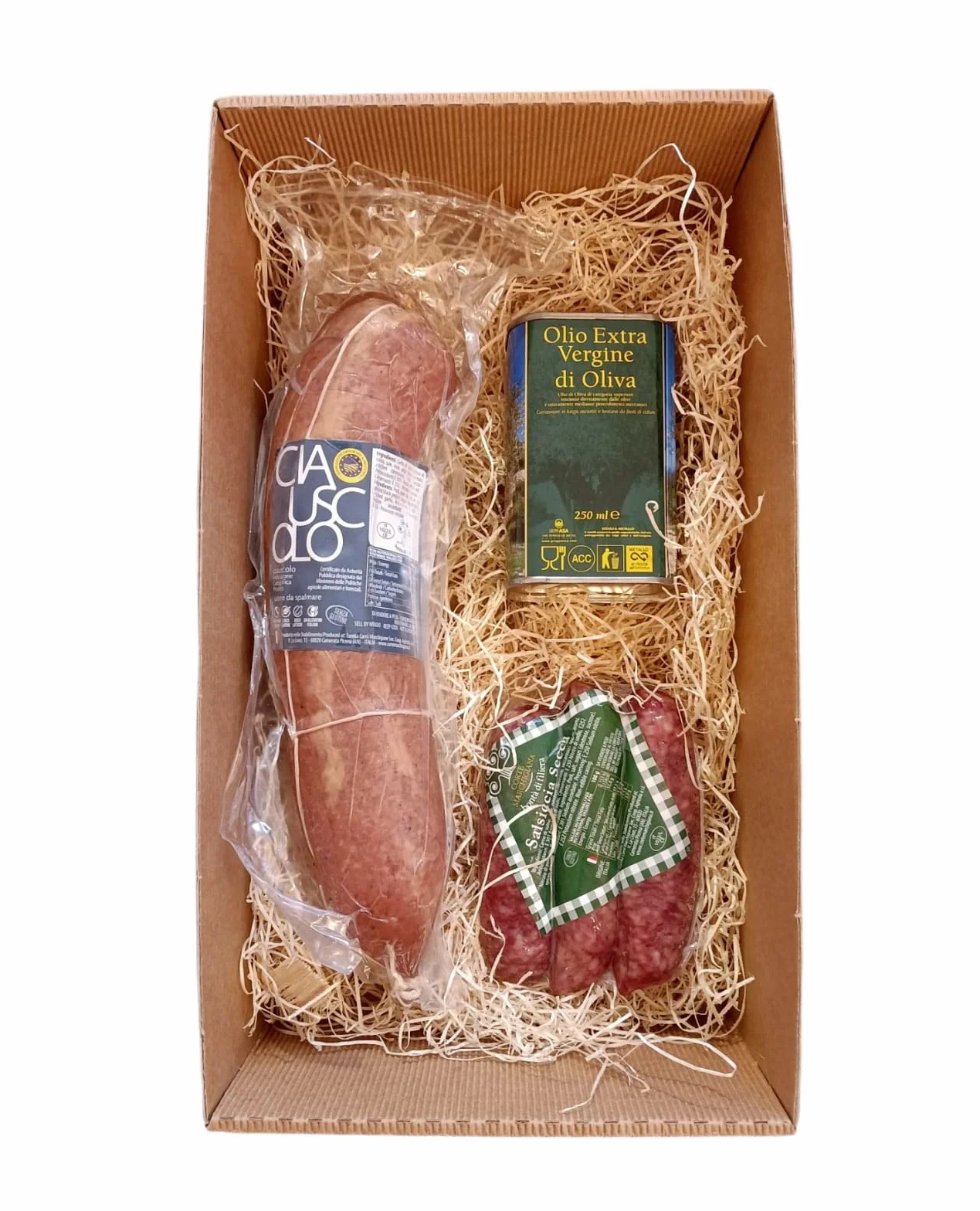 Confezione Regalo, prodotti tipici delle marche, salsicce secche, ciauscolo e lattina olio
