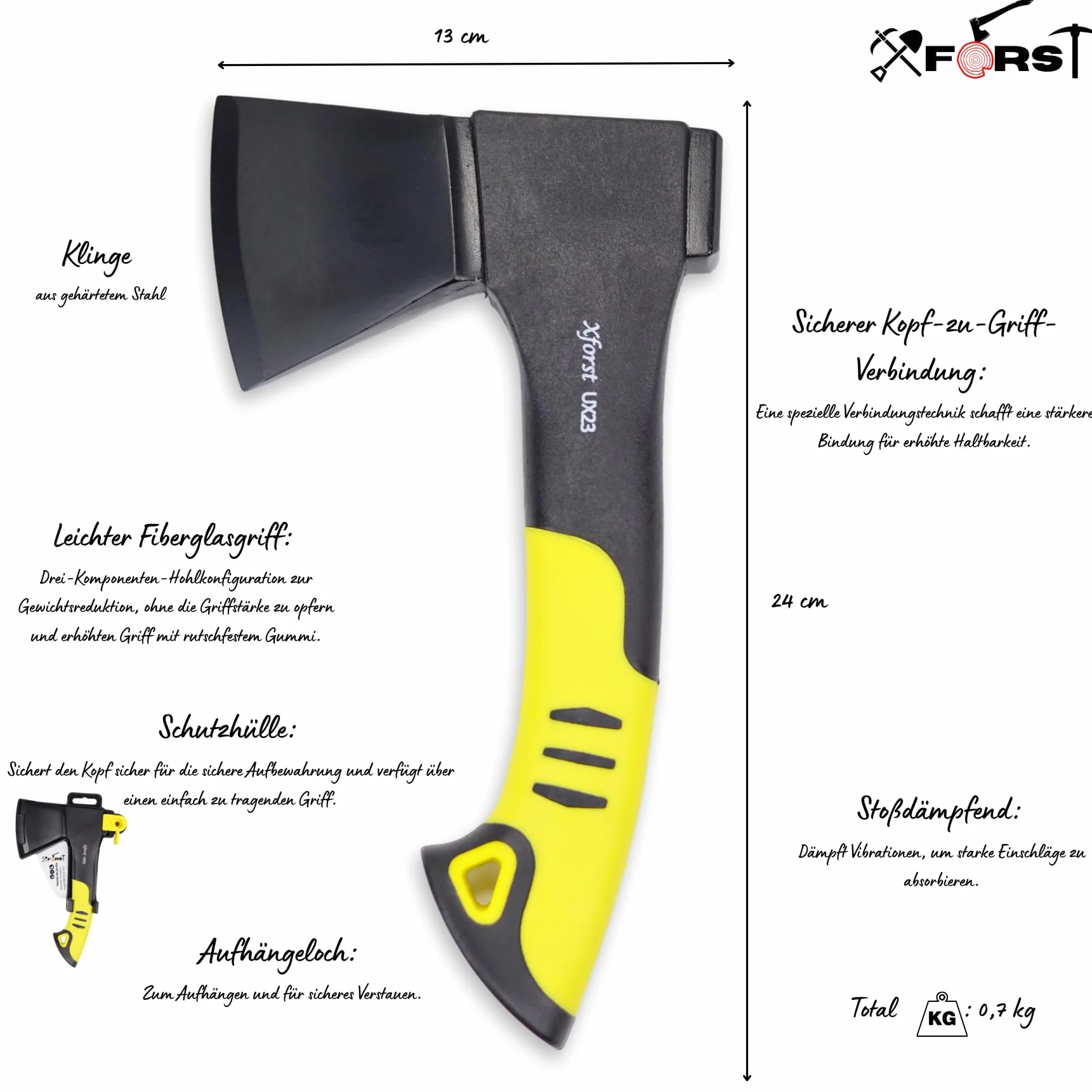 Xforst Ascia da Campeggio UX23, Accetta Outdoor con Protezione Lama, Rivestimento Antiaderente, Manico in Fibra di Vetro, 23 cm