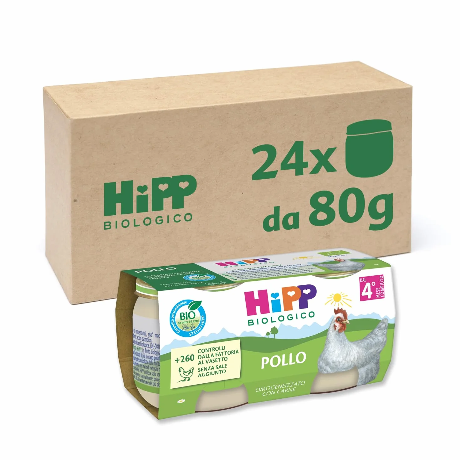 HiPP - Omogeneizzato di Carne Biologico per Neonati, Gusto Pollo, Senza glutine, Senza Sali e Aromi Aggiunti, Carne Bio, 24 Vasetti da 80 g