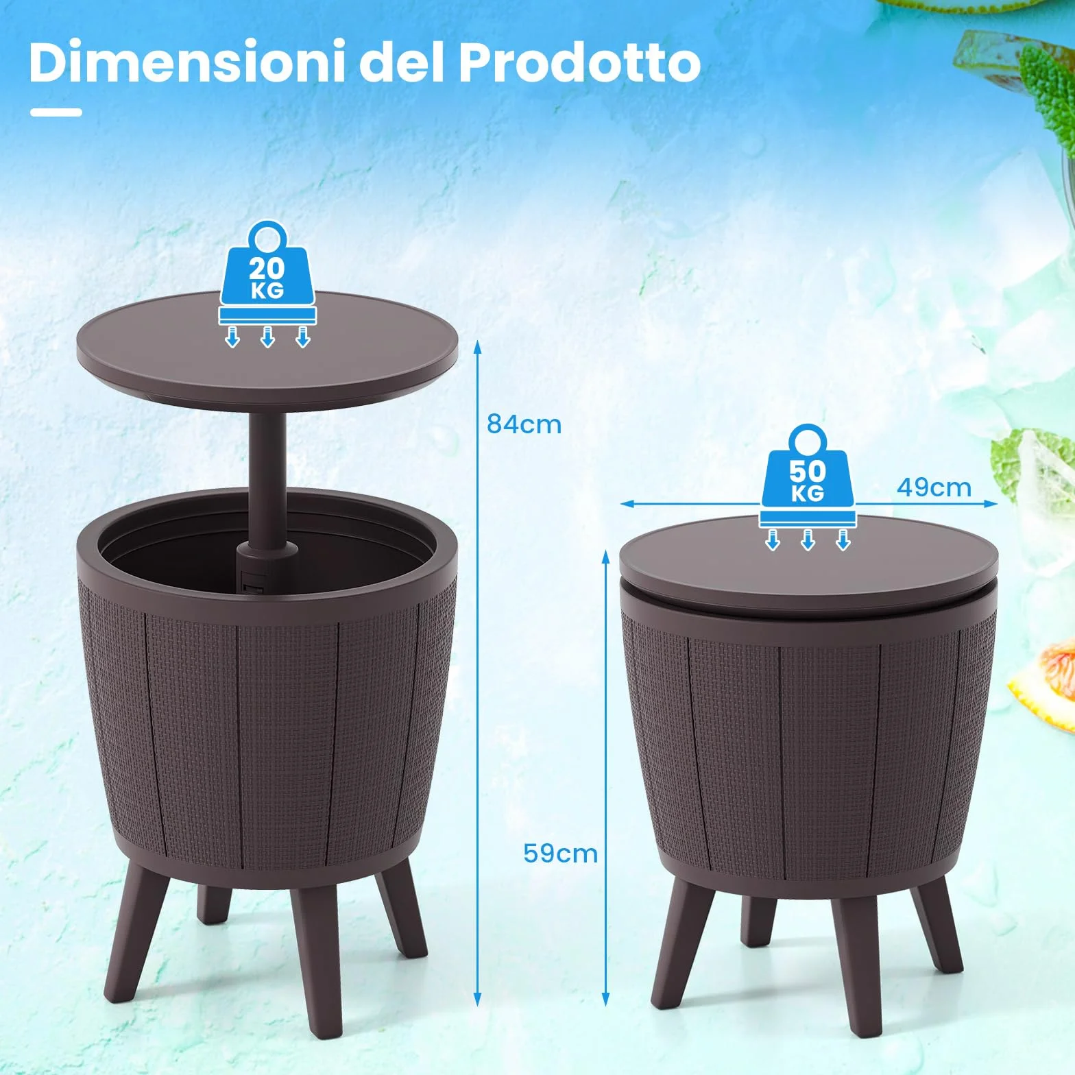 COSTWAY 2 in 1 Tavolino Frigo 38L da Esterno, Secchiello Ghiaccio Regolabile in Altezza 49 x 59-84H cm, Tavolo Bar con Tappo di Drenaggio, per Piscina, Cortile e Campeggio (Marrone)