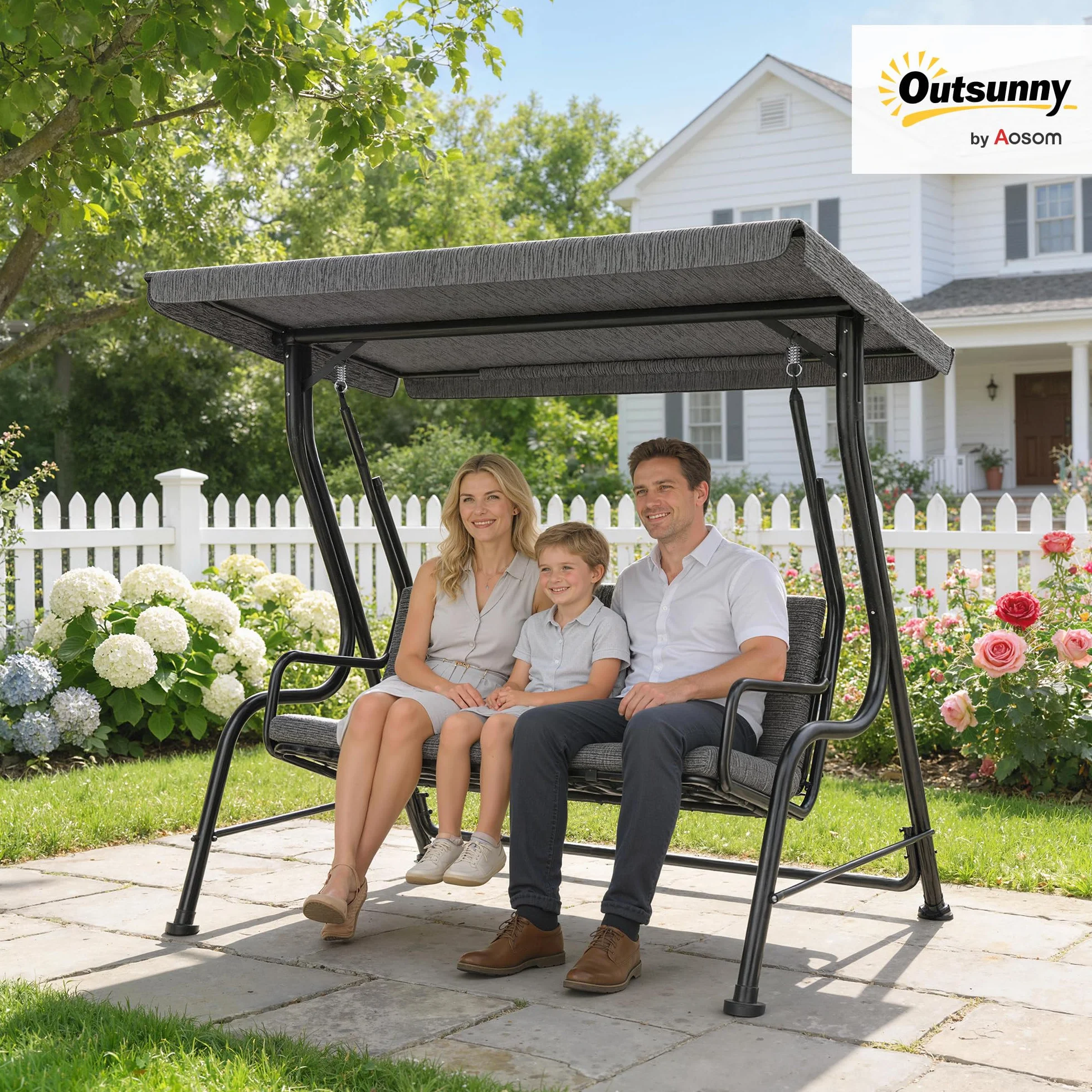 Outsunny Dondolo da Giardino per 3 Persone con Tettuccio Regolabile e Cuscini Imbottiti, 200x120x170cm, Nero