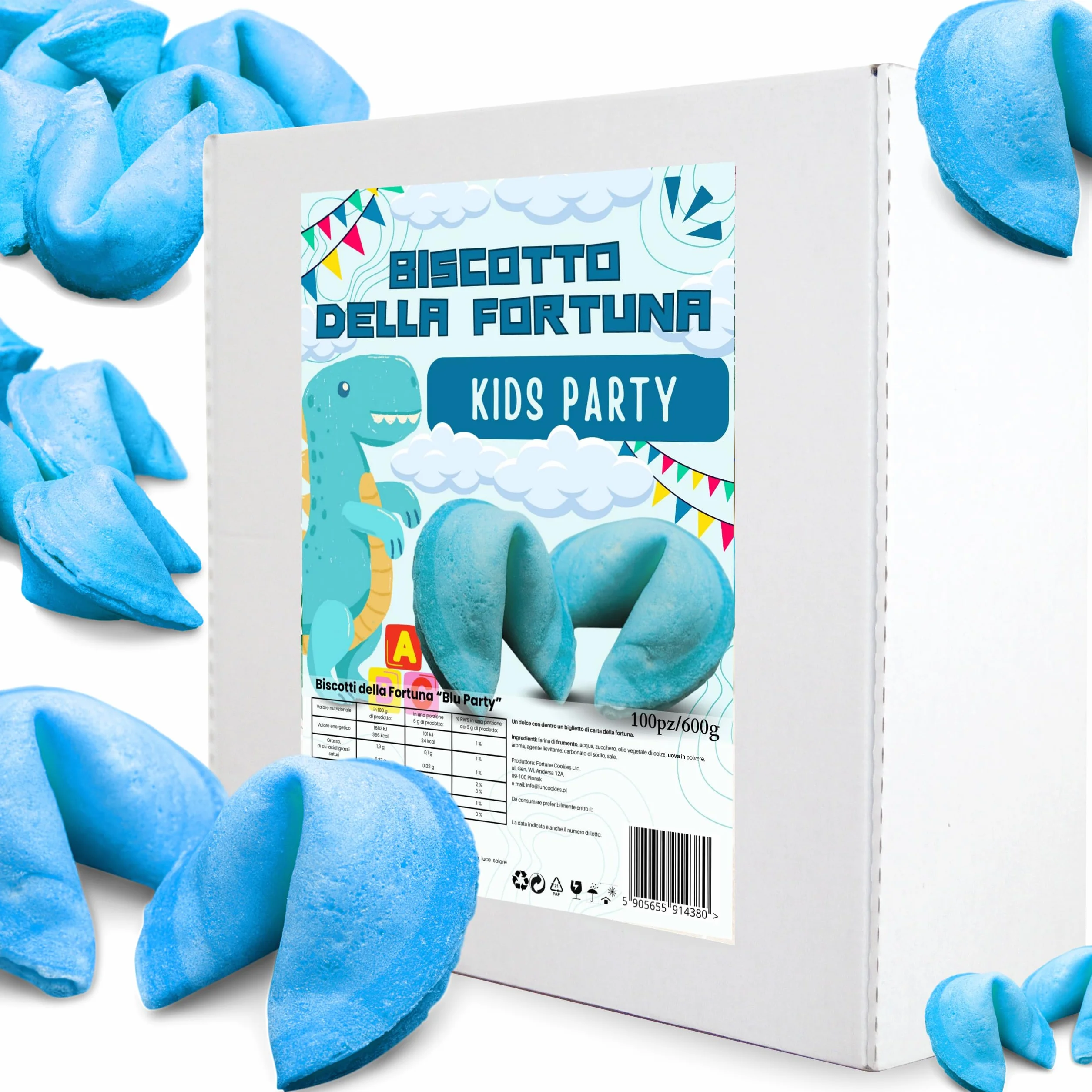 Biscotti cinesi della fortuna, biglietti profetici, biscotti blu, per regalo, compleanno del bambino, festa, per gli ospiti, per la festa, biscotti di buona fortuna, magia, gusto vaniglia (100 pezzi)