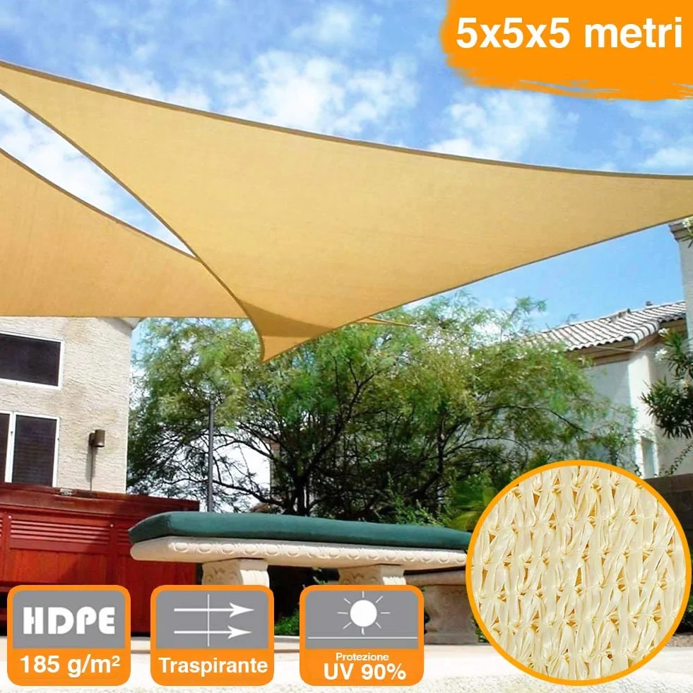 Bakaji Vela Telo ParaSole Tenda Triangolare Ombreggiante in HDPE 5x5 Mt Resistente Protezione UV 90% Per Ombra Giardino Terrazzo con Aggancio Occhielli Senape (5 x 5 x 5 mt)