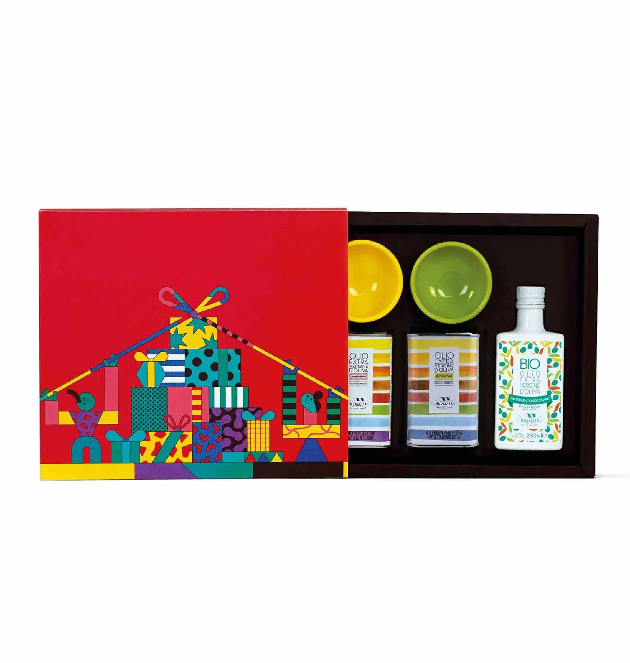 Frantoio Muraglia - Pacco regalo Degustazione con Olio Extra Vergine di oliva - 5 Articoli - Essenza Fruttato Intenso, Medio e Denocciolato - Creato e Decorato a mano dai nostri artigiani pugliesi