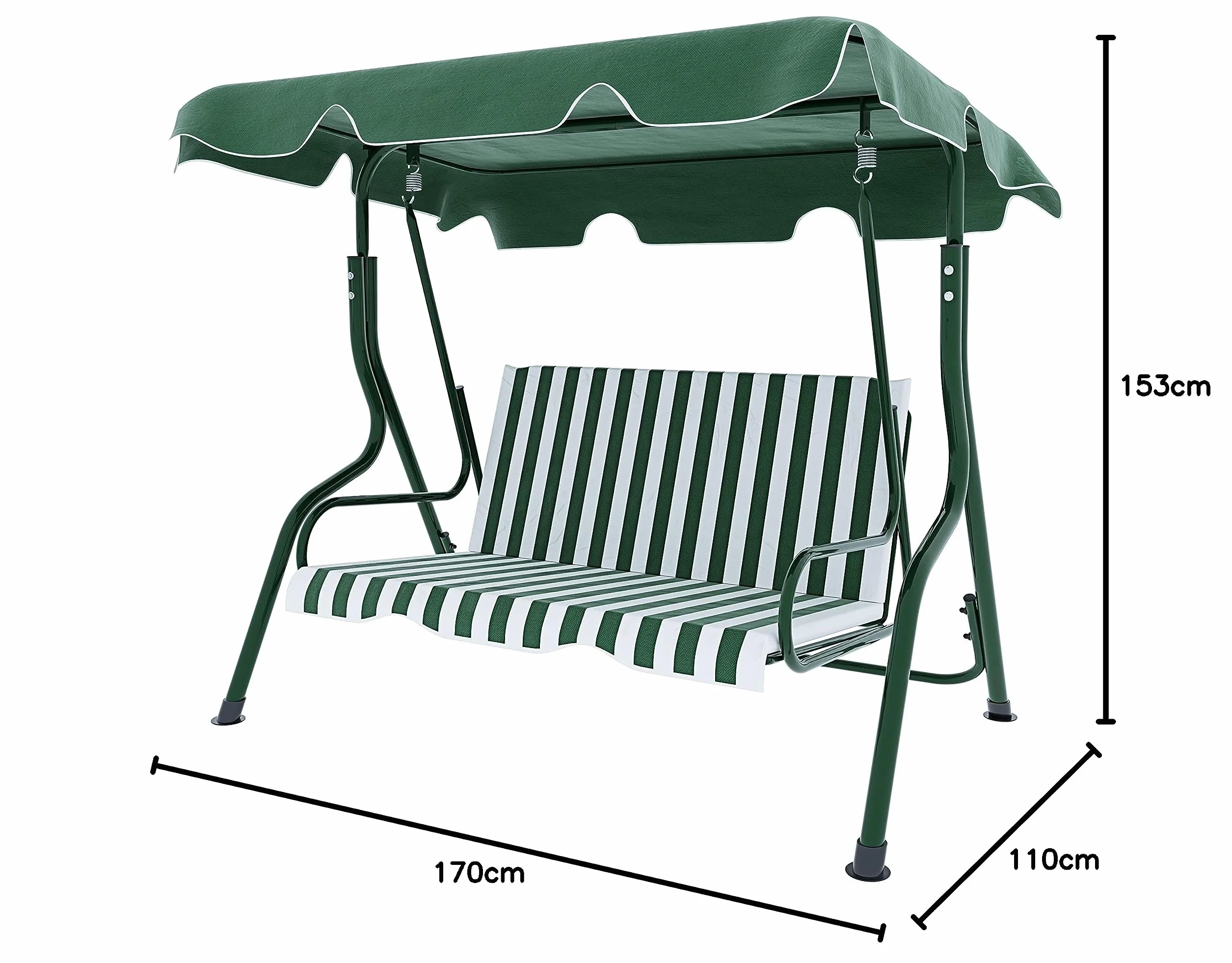 Dondolo 3 Posti Con Tettuccio Parasole Regolabile Cuscini Imbottiti Struttura Robusta In Acciaio Verniciato Da Esterno Giardino Balcone Terrazzo Piscina 170 x 110 x 153 Cm (Verde A Righe)