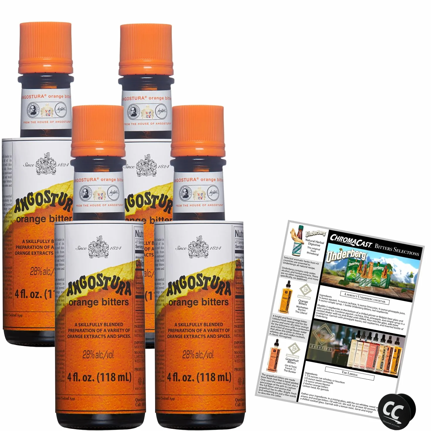 Angostura Orange Bitters - Bottiglia da 118 ml con impugnatura per telefono e ricetta per selezioni di amari, confezione da 4