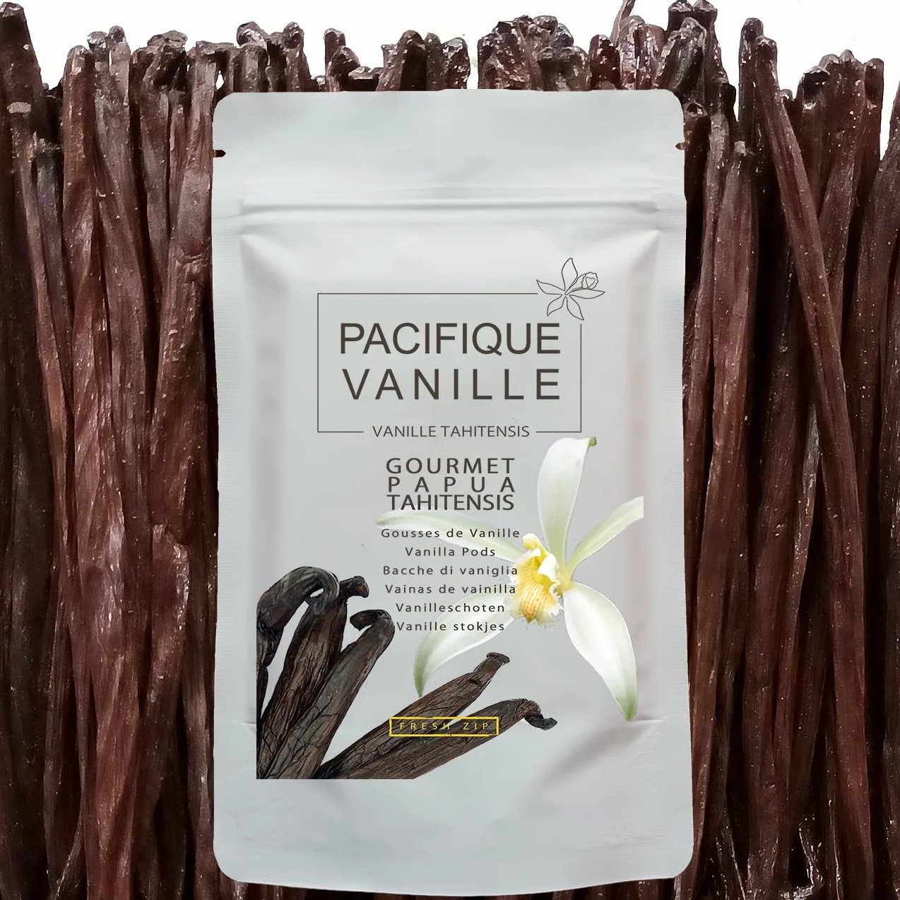 "Pacifique Vanille" 6 baccelli di vaniglia Gourmet Tahitensis 14-16 cm/sacchetto salvafreschezza con cerniera/qualità di grado A / 100% biologico.