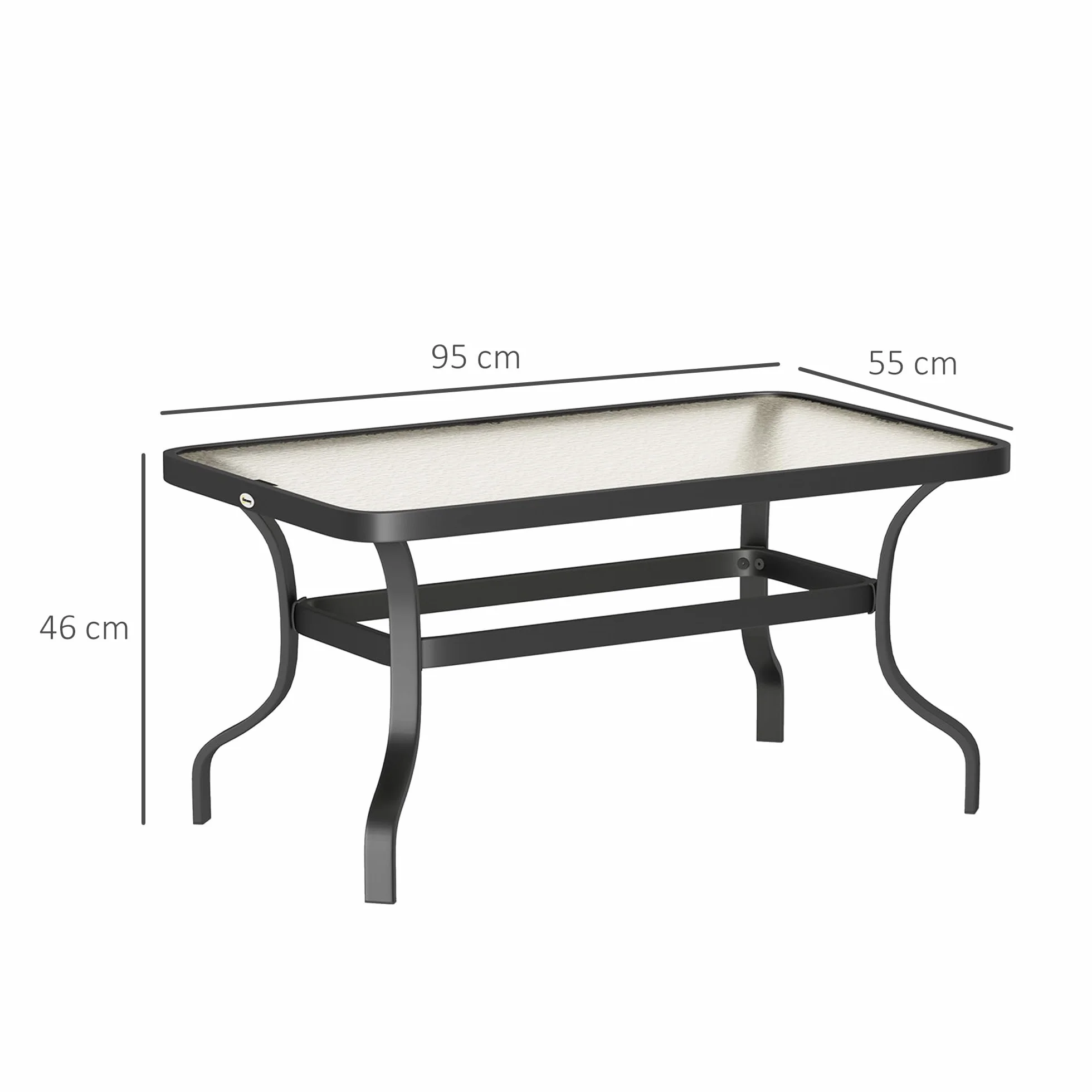 Outsunny Tavolino da Caffè per Esterno Rettangolare con Piano in Vetro Temperato, Tavolino da Giardino in Metallo, 95x55x46 cm, Nero