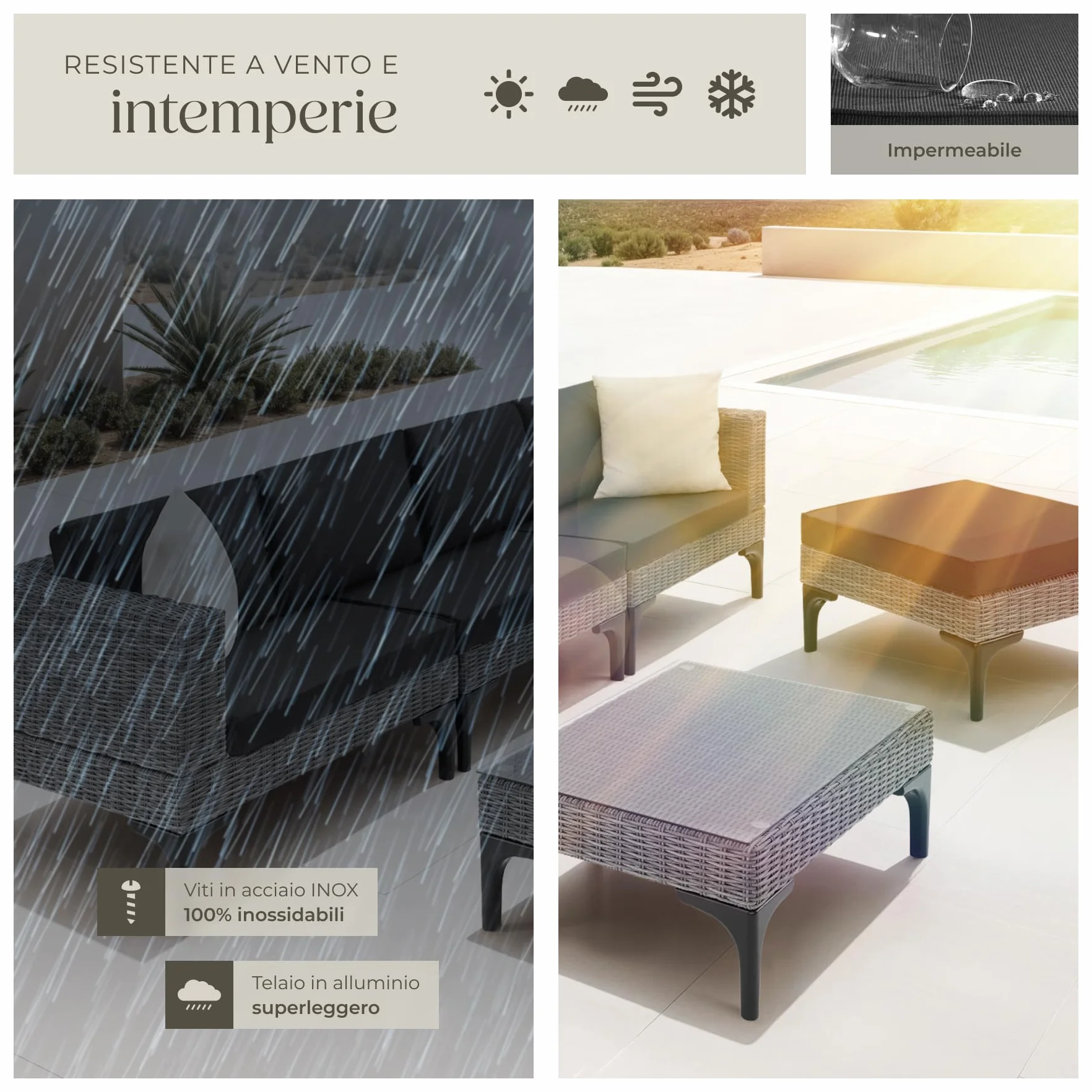 tectake® Salottino in Rattan Konstanza, Telaio in Alluminio, Resistente ai Raggi UV, Comode Poltrone, Imbottitura Spessa, Rivestimenti Idrorepellenti, Tavolino Salotto con Lastra in Vetro - Grigio