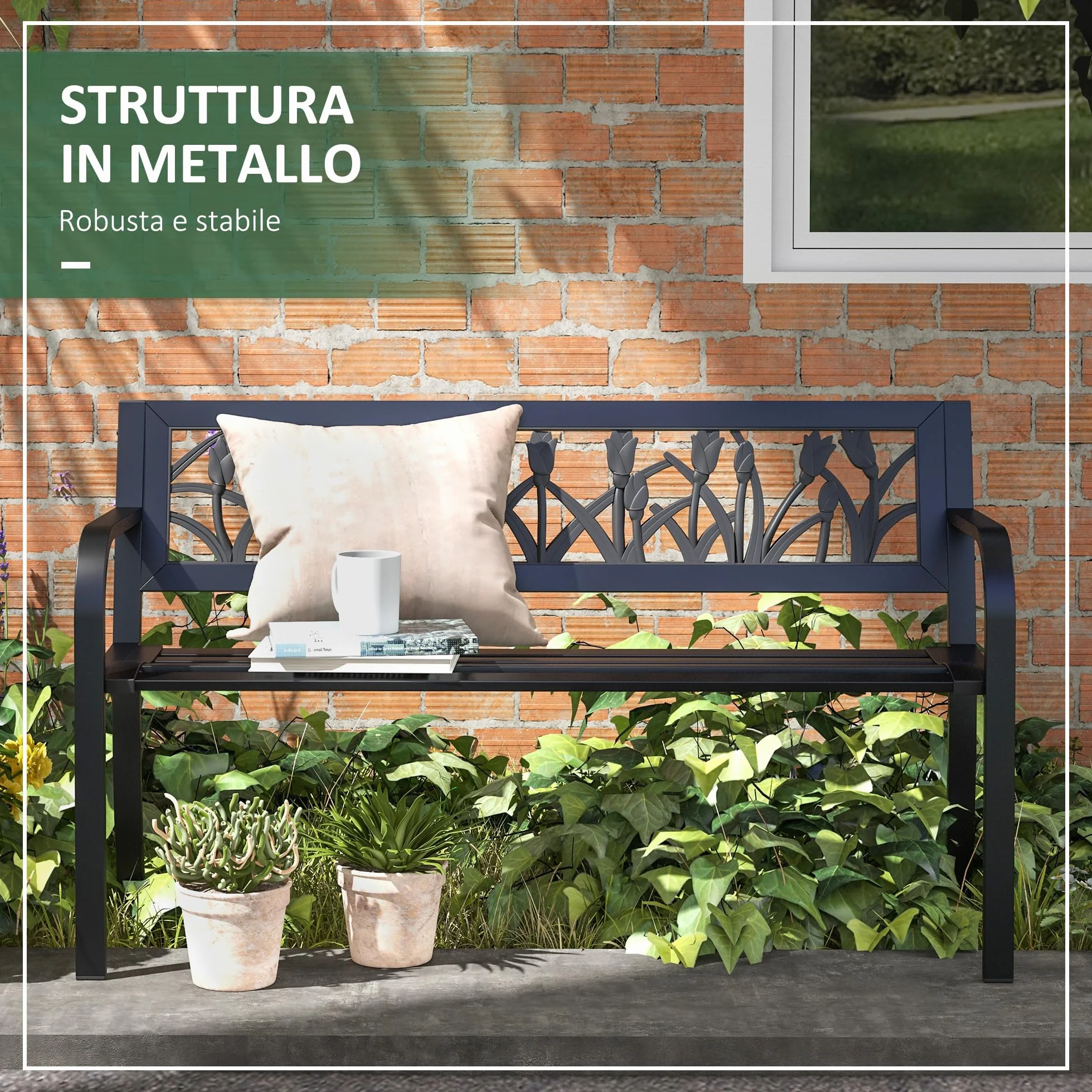 Outsunny Panchina da Esterno in Acciaio, Panchina da Giardino 2 Posti con Schienale Decorato e Braccioli, 125x50x75cm, Nero