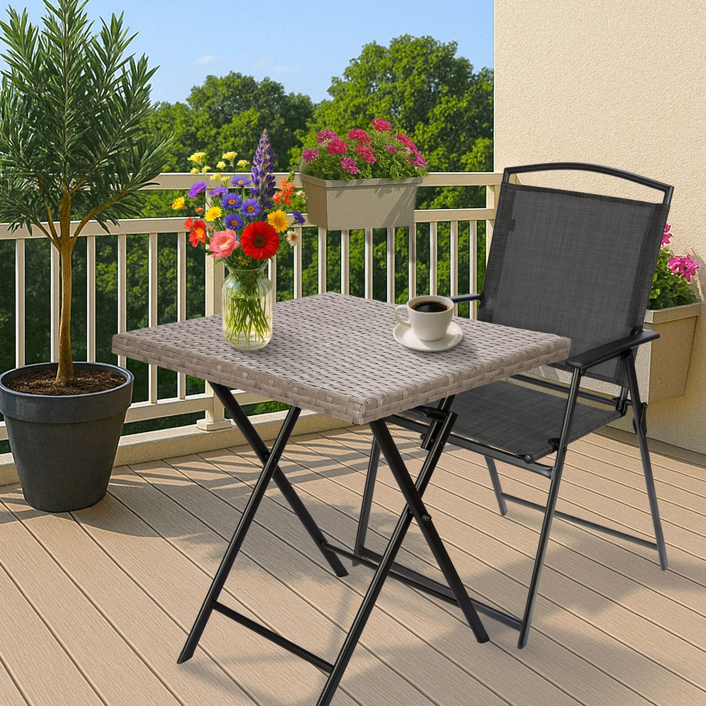 BRUBAKER Tavolo da giardino Toscana, 58 x 58 cm, resistente alle intemperie, in polyrattan e metallo, pieghevole, per balcone, terrazza e tavolo da bistrot, colore grigio