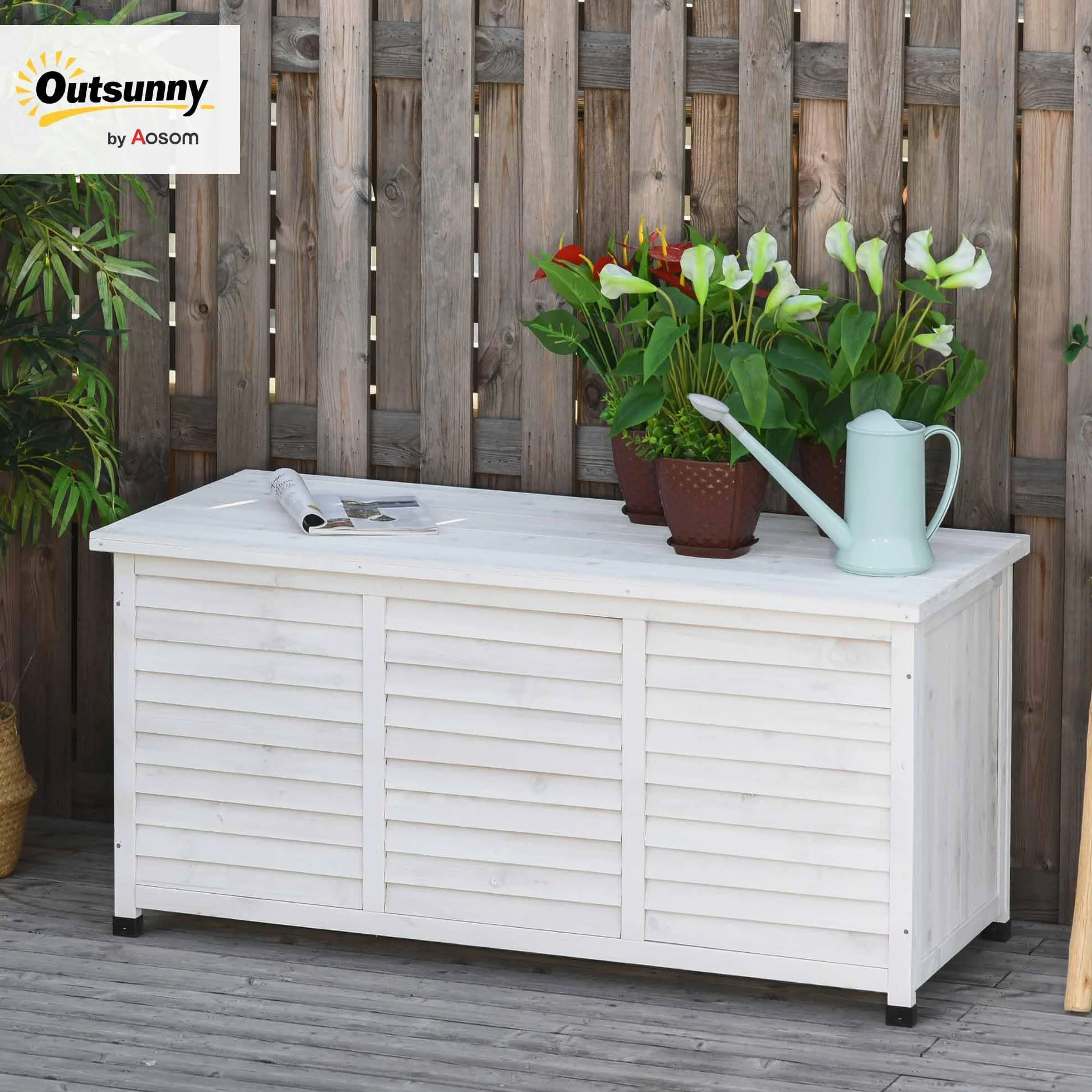 Outsunny Baule da Esterno in Legno di Abete con Base Rialzato e Coperchio, Cassapanca Contenitore da Esterno Impermeabile, 127x56x60 cm, Bianco