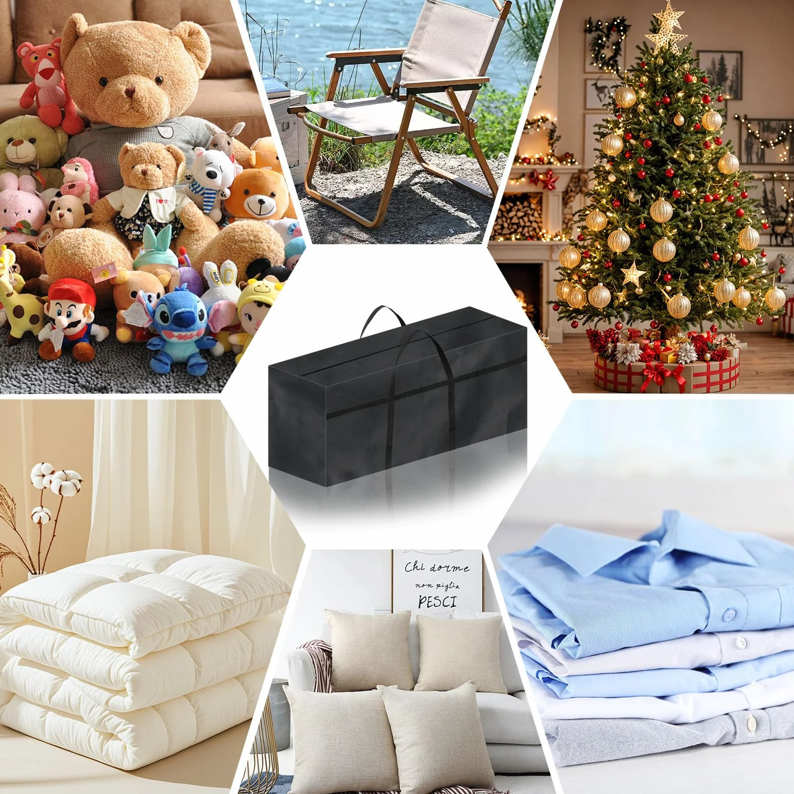 Borsa di Stoccaggio per Esterni, Borsa per Cuscini da Giardino con Cerniera e Maniglie per Biancheria da Letto Materassi Coperte Trapunte e Cuscini, 110x60x35 CM, Nero
