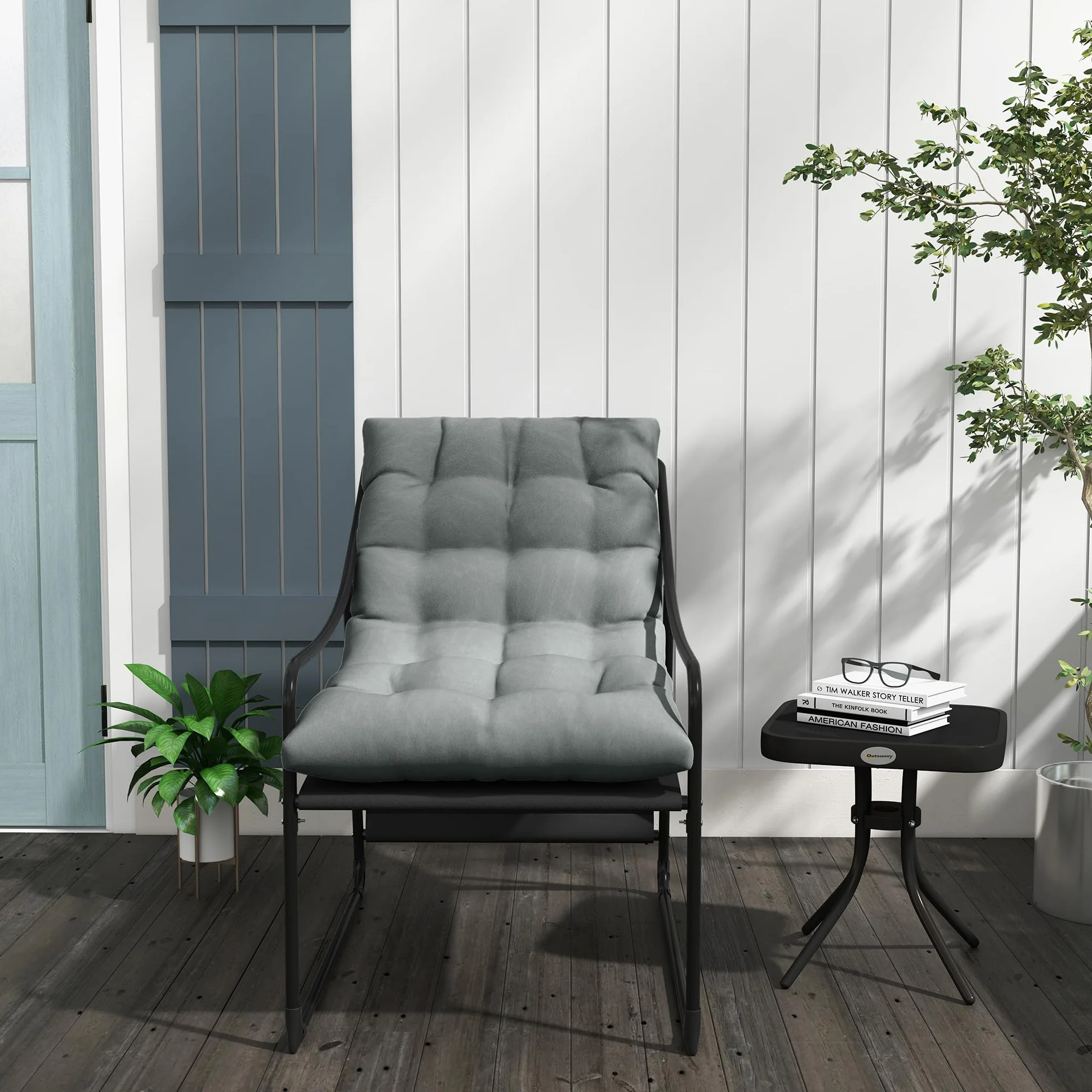 Outsunny Poltrona da Giardino con Cuscino Imbottito in Cotone PP, Poltroncina per Esterno in Acciaio e Poliestere, 62x110x88 cm, Grigia e Nera