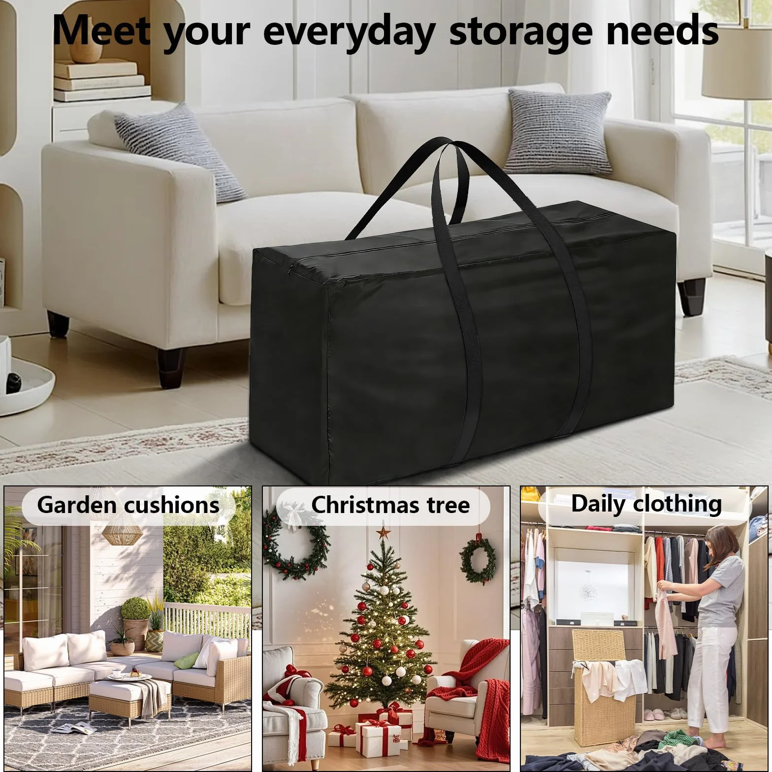 Borsa per Cuscini da Giardino, Borsa Porta Cuscini da Giardino, Porta Albero di Natale, Sacco Albero di Natale, in Tessuto Oxford 210D Resistente ai Raggi UV con Maniglie Rinforzate Nero