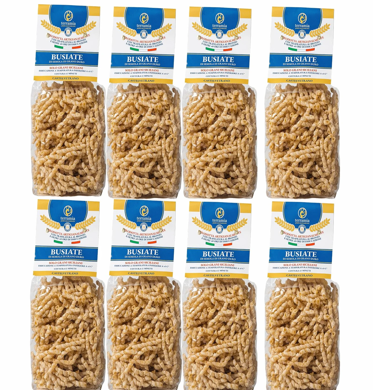 Terramia Busiate di Grano Duro Siciliano – Pasta Artigianale Trafilata al Bronzo, Lenta Essiccazione a Bassa Temperatura, Formato Maxi Scorta Famiglia 4kg (8 Buste x 500g)