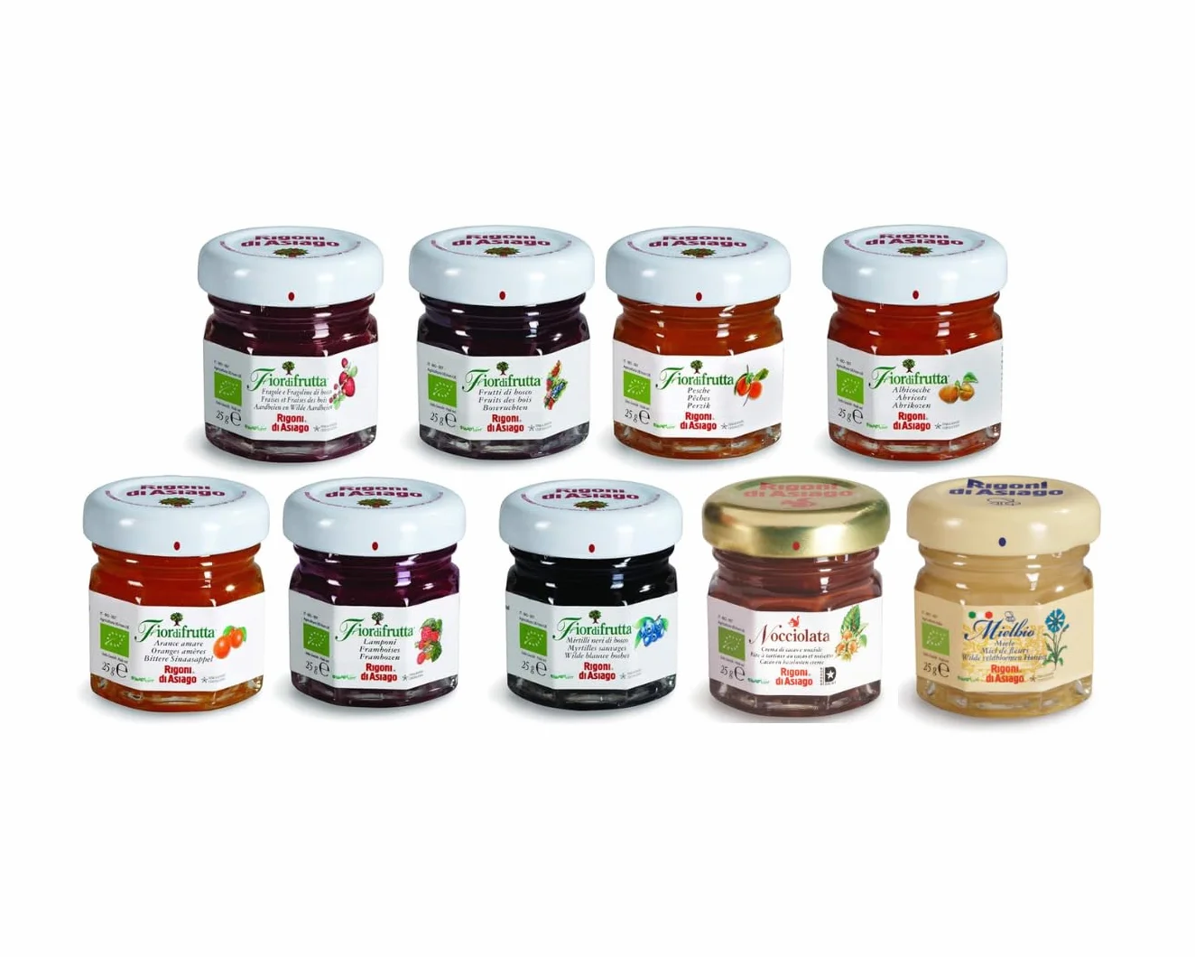 Rigoni di Asiago - Marmellate BIOLOGICHE Monodose Assortite in 7 gusti, fiordifrutta + 2gusti MieleBio + Nocciolata. 28 pezzi x gr. 25 Ognuno. Barattolini di Vetro Monoporzione.