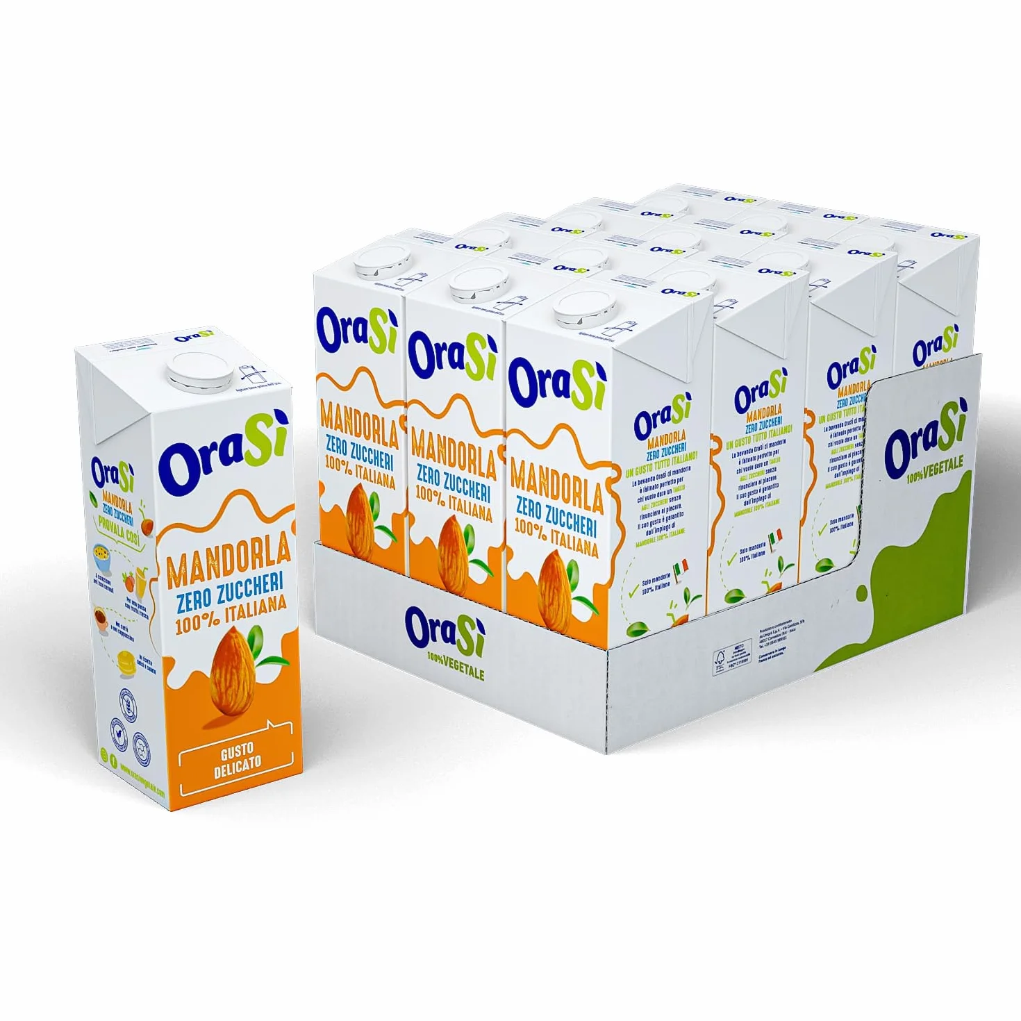 OraSì Bevanda di mandorla zero zuccheri (1 litro, 12 unità) - Alternativa vegetale al latte con mandorle italiane - Senza lattosio e glutine - Naturale e leggera - Per ricette vegane, dolci e salate