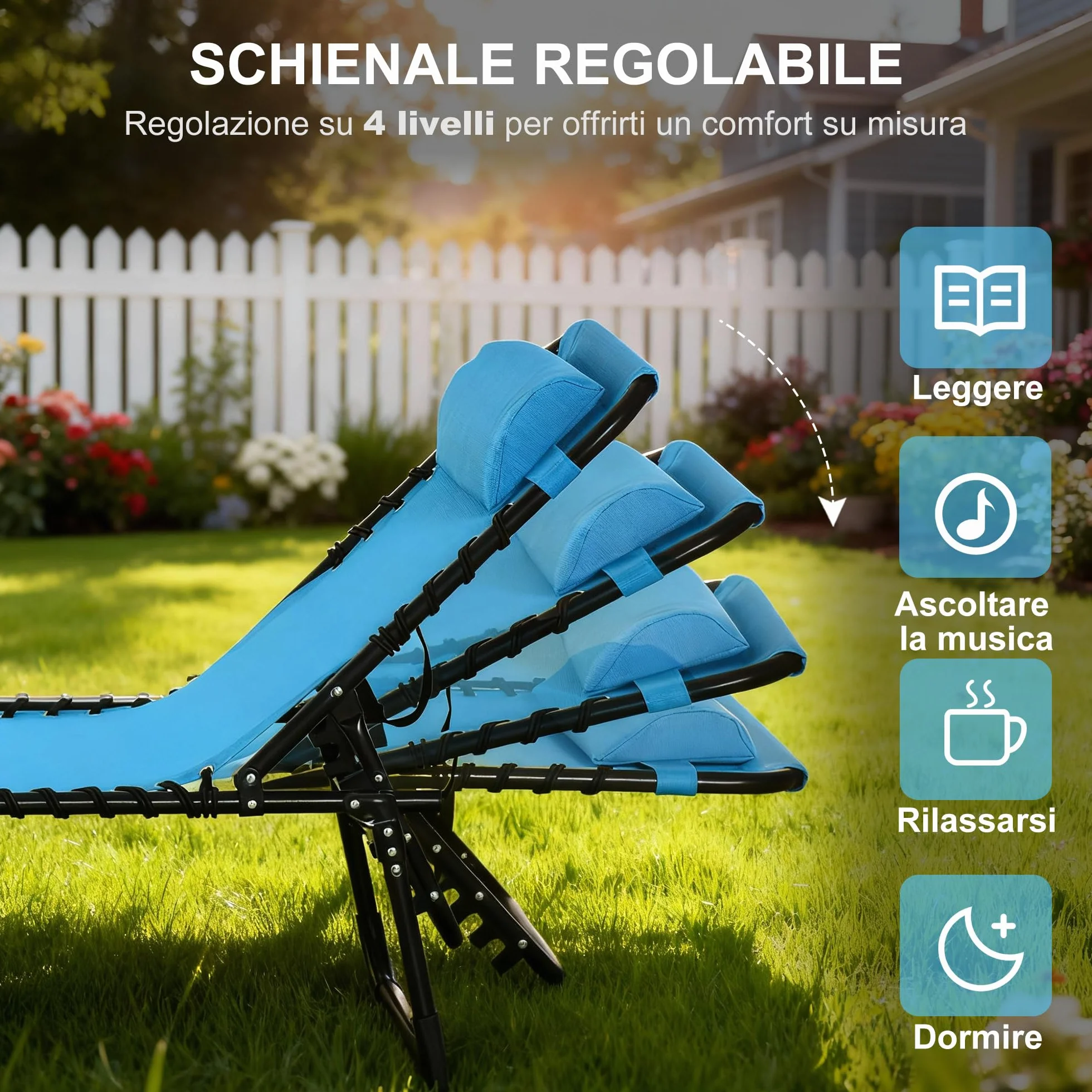 Outsunny Lettino Prendisole Pieghevole con Schienale Reclinabile su 4 Livelli, Sdraio da Giardino con Seduta Traspirante in Tessuto a Rete, per Spiaggia Piscina Giardino, 189x58x30 cm, Blu
