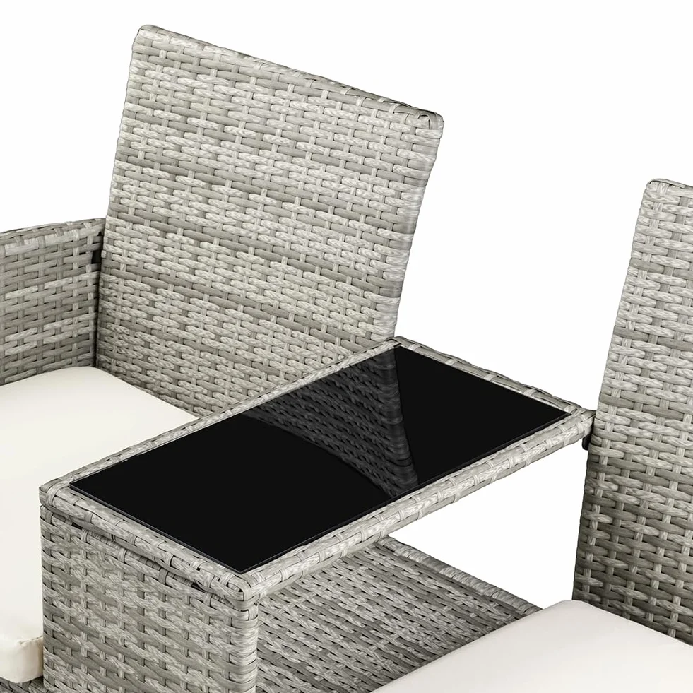 BAKAJI Panchina da Giardino in Polyrattan con Tavolo Integrato e Cuscini, Panchina 2 Posti da Esterno Resistente Ai Raggi UV e alle Intemperie, Panca Divano Ripiano Vetro 123 x 54 x 82.5 cm (Grigio)