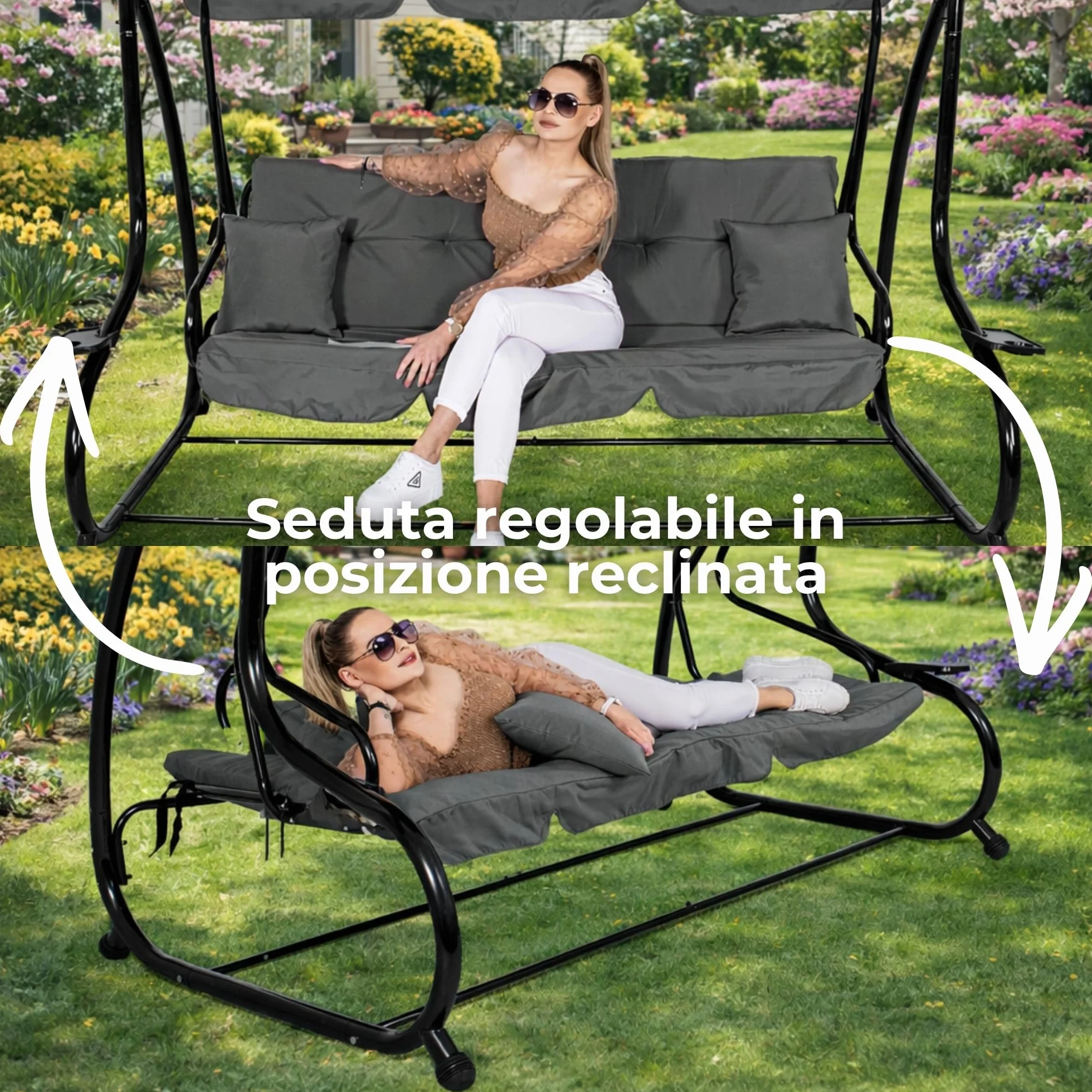 SPRINGOS - Dondolo da giardino a 4 posti, 220 x 162 cm, con 2 cuscini, cuscino per dondolo, con portabicchieri e funzione reclinabile