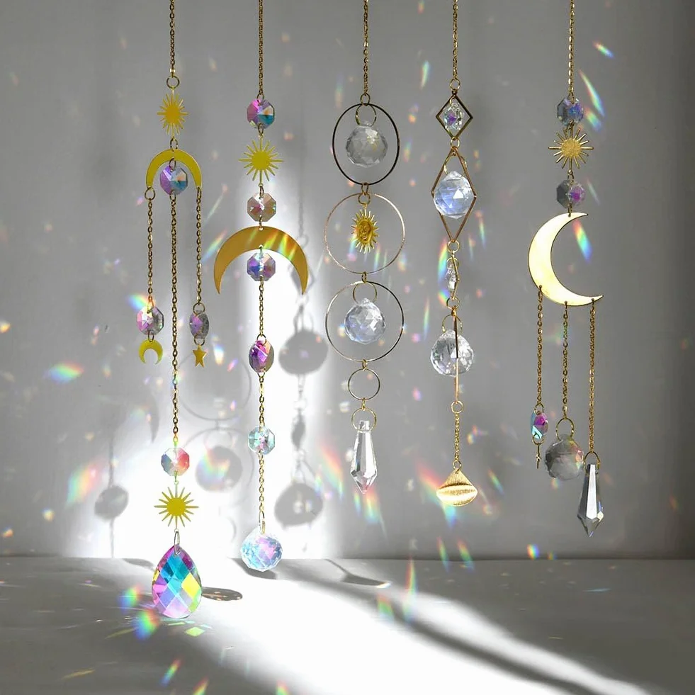 OFFCUP Acchiappasole Cristallo, 5Pcs Crystal Suncatcher, Appeso Arcobaleno Prisma Finestra, Appendere Vetro Acchiappa Sole, Acchiappasole Arcobaleno per Casa Giardino Finestra