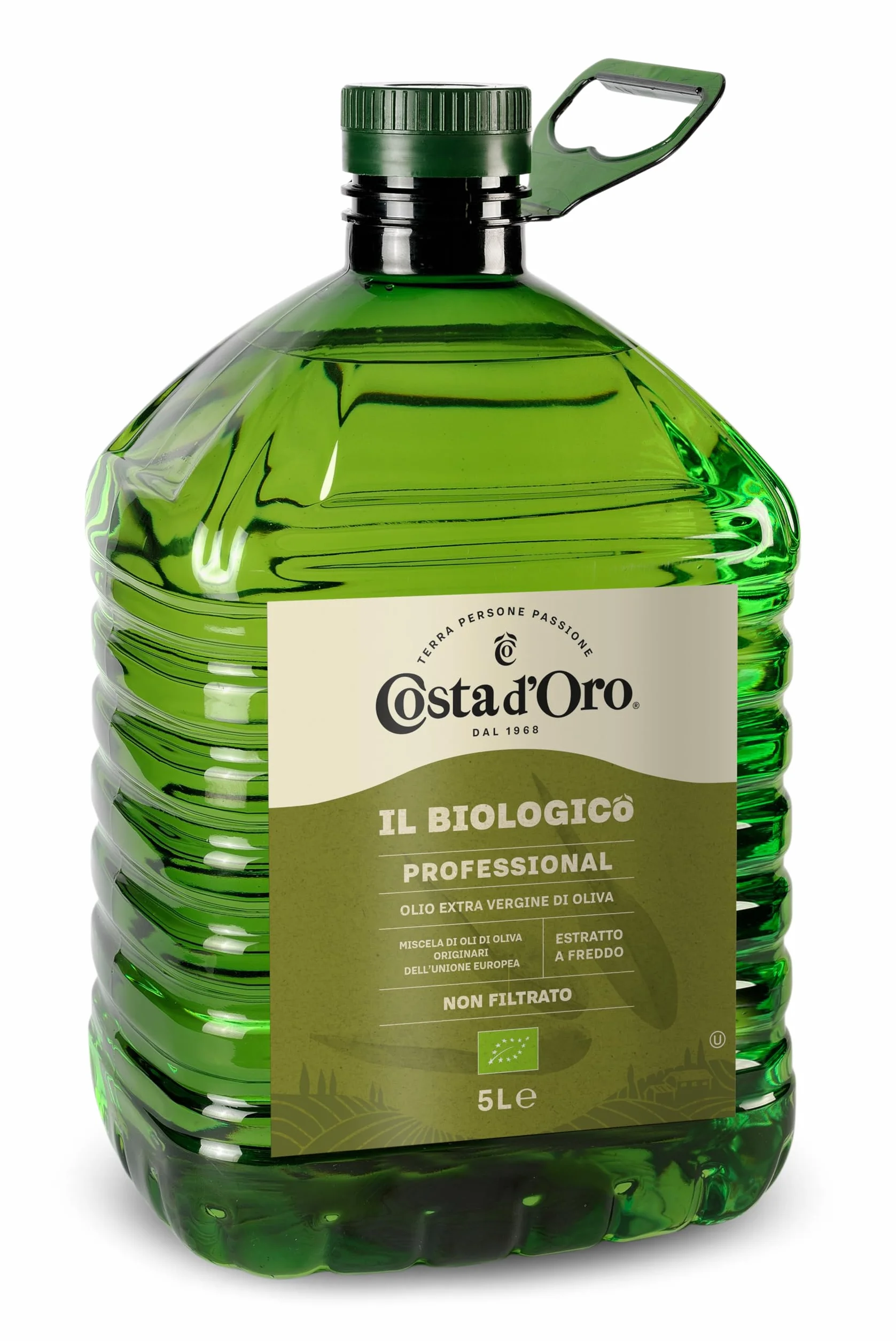 Costa d’Oro – Il Biologico 5L. Olio extravergine di oliva non filtrato, estratto a freddo, prodotto secondo i metodi della filiera biologica. PET da 5L.