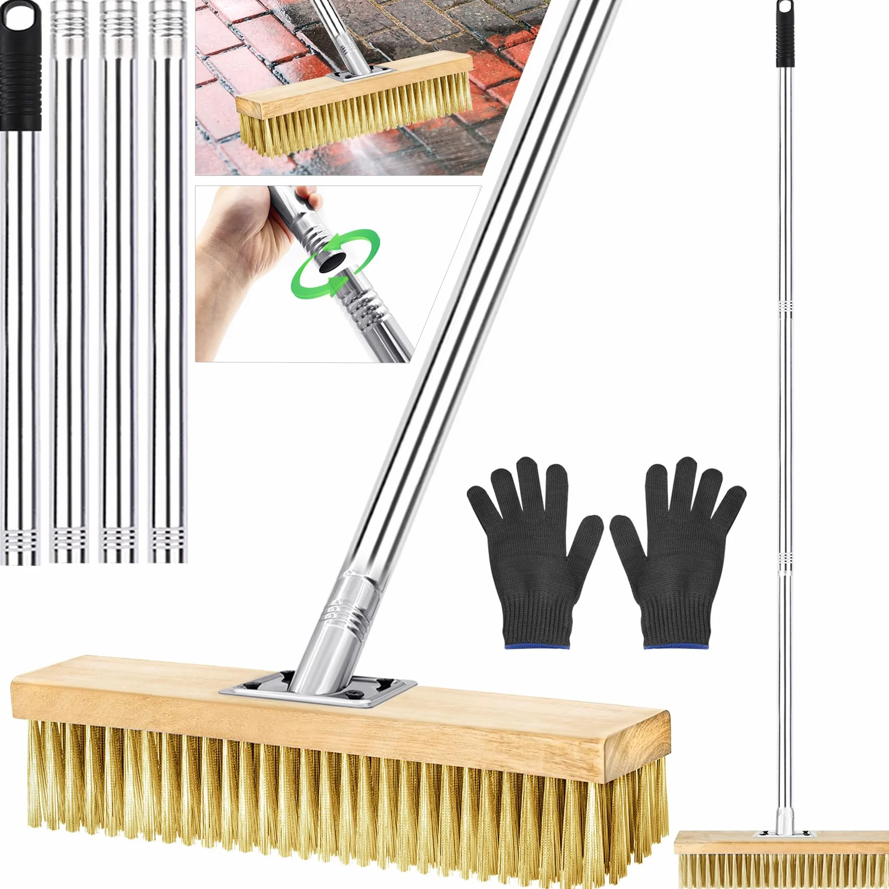 TZEKING Scopa Metallica per Giardino con Manico 150cm, Spazzola con Setole Metalliche Rigide 30cm,per Muschio e Macchie Ostinate