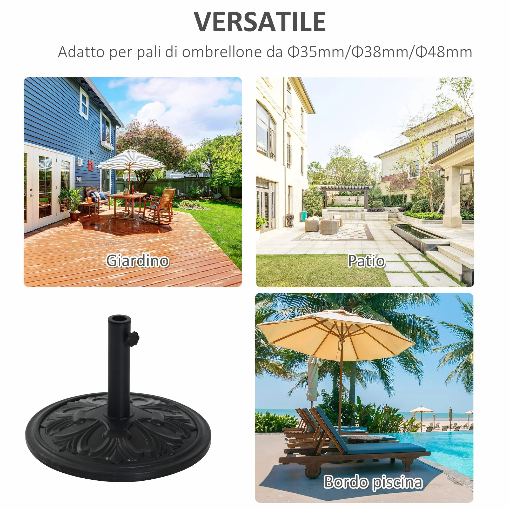 Outsunny Base per Ombrellone Rotonda in HDPE con Disegno Floreale, Base Ombrellone da 13kg con Supporto per Pali da 35-38-48mm, Nero