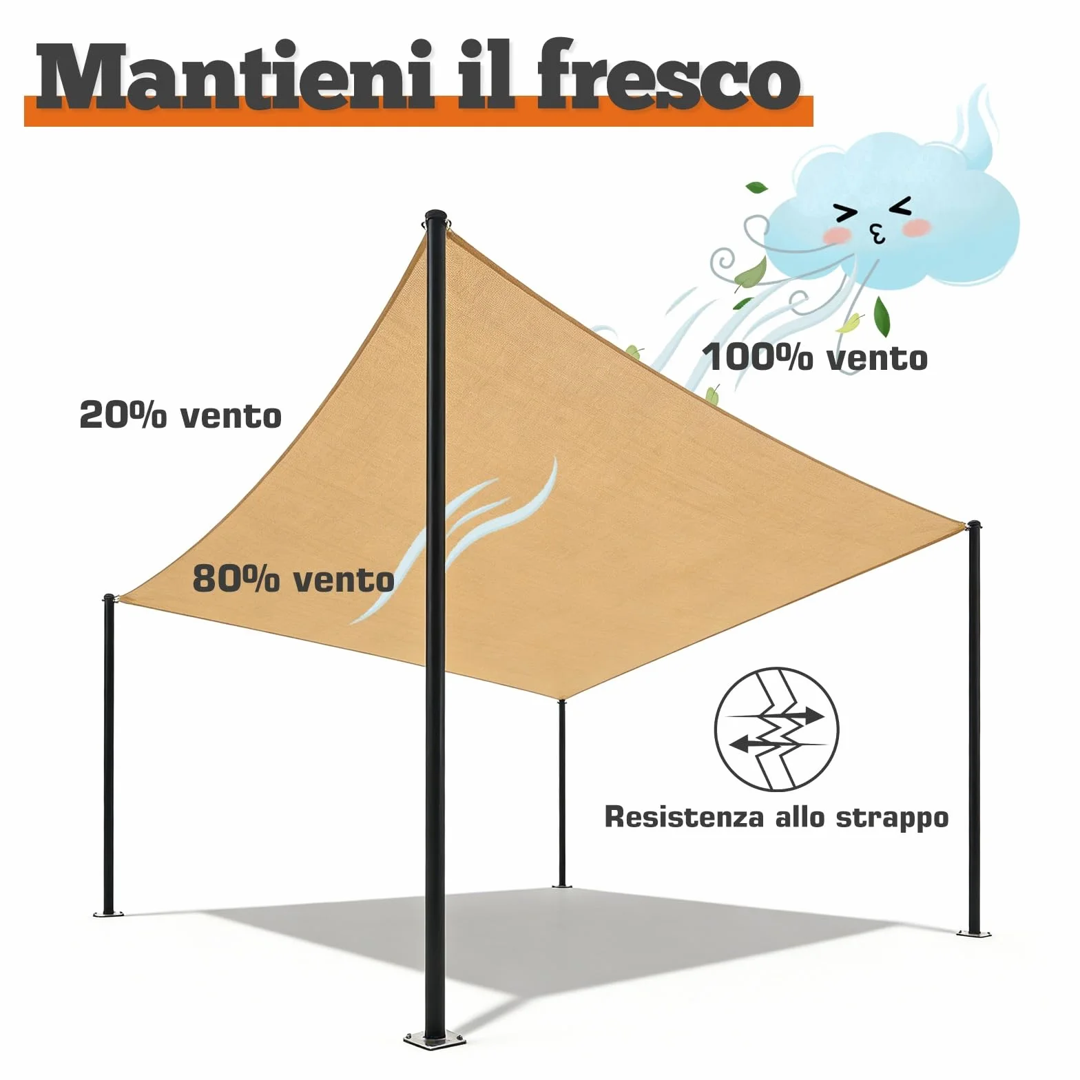 Tenda A Vela 2.5x3m Rettangolare Vela Ombreggiante 185gsm HDPE Traspirante Protezione Raggi UV 95% per Esterno Giardino terrazza, Crema