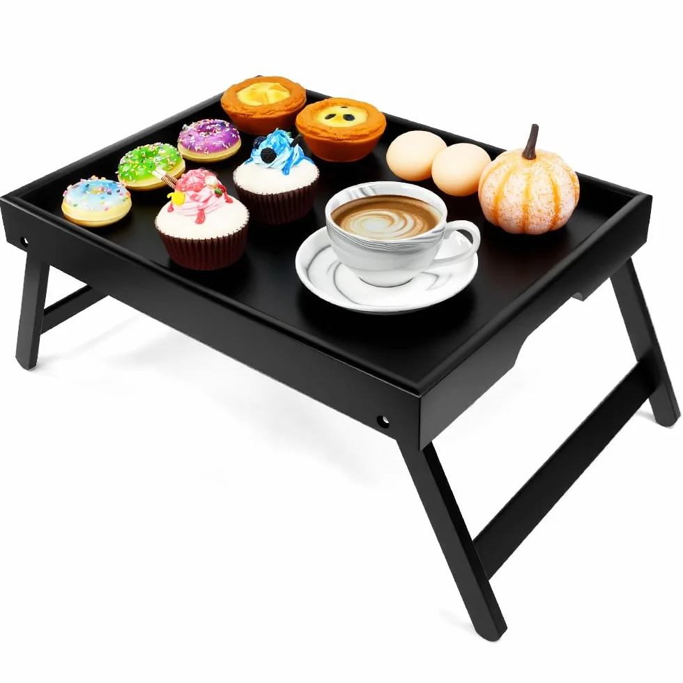 Vassoio da Letto con Gambe Pieghevoli,Vassoio per Colazione a Letto in Bambù HxLxP: 19x40x30 cm,Tavolino da Letto Pieghevole per Computer Portatile (Nero)